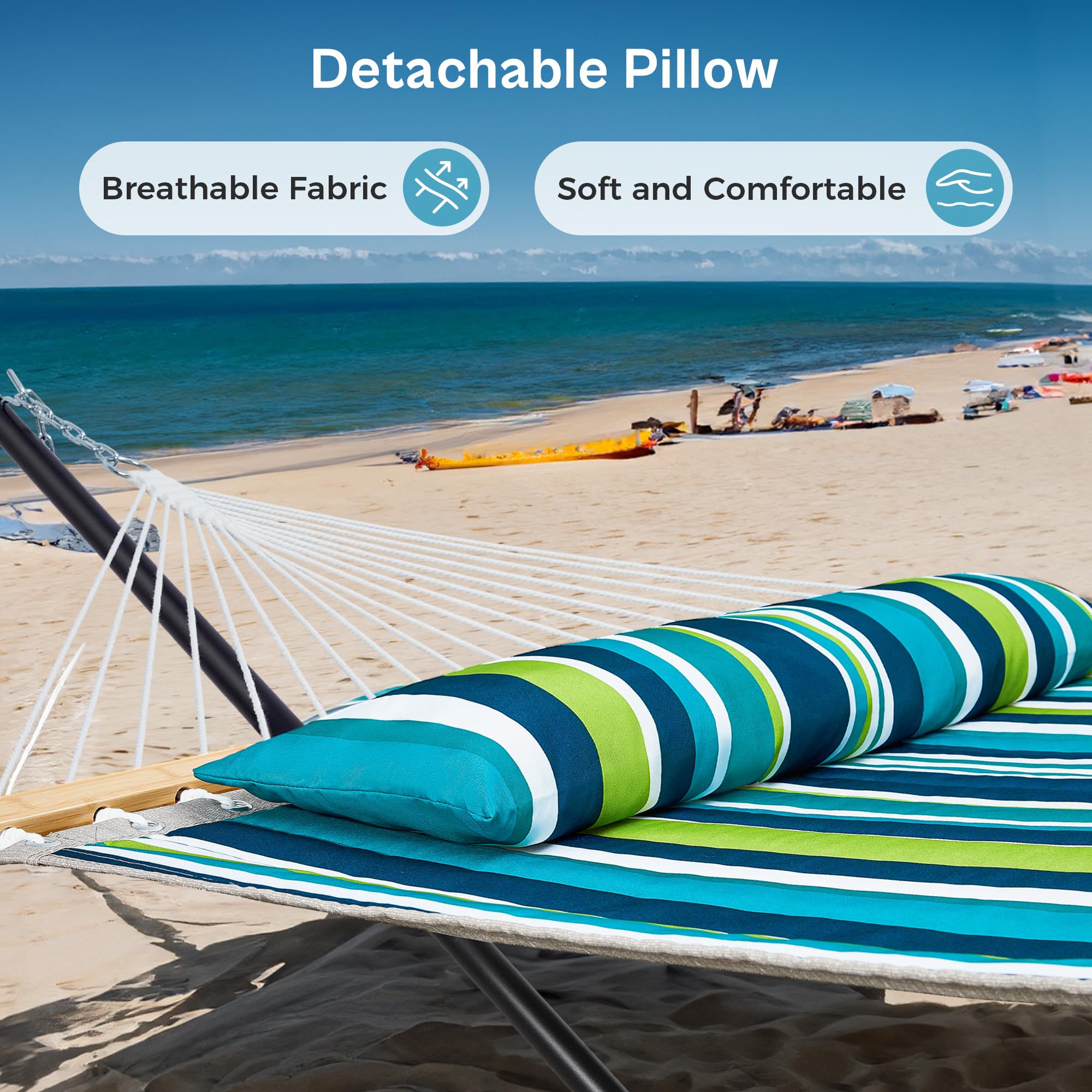 SUPERJARE 2-Person Outdoor Hammock with Stand - Portable Quilted Hammock with Detachable Pillow & Bamboo Spreaders - Heavy Duty Hammock Set with Carrying Bag for Backyard, Patio, Camping - Dark Cyan