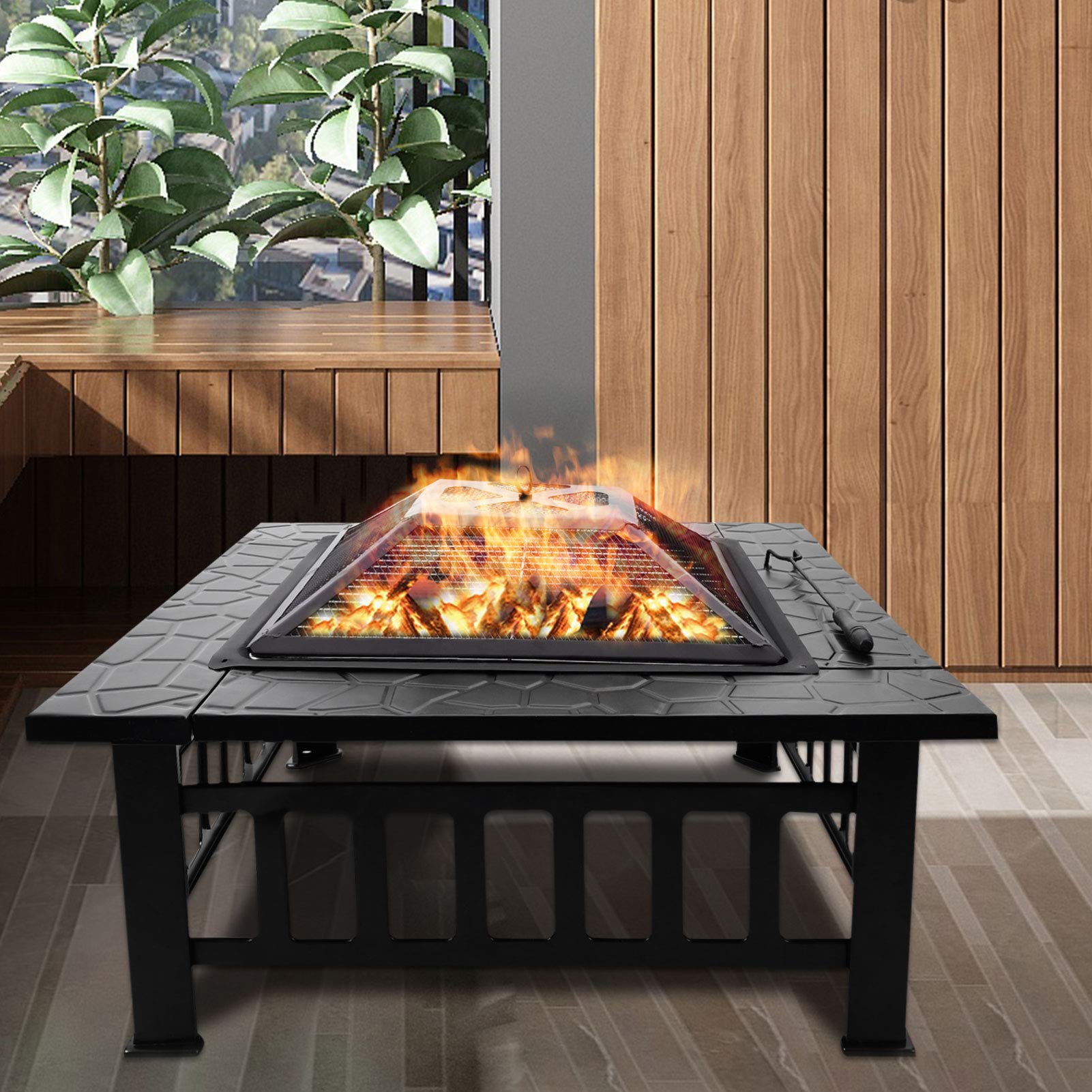 32 Inch Outdoor Fire Pit - Square Metal Wood Burning Fire Pit with Spark Screen Cover, Log Grate & Poker - Perfect for Backyard, Patio, Camping & Picnic Bonfires