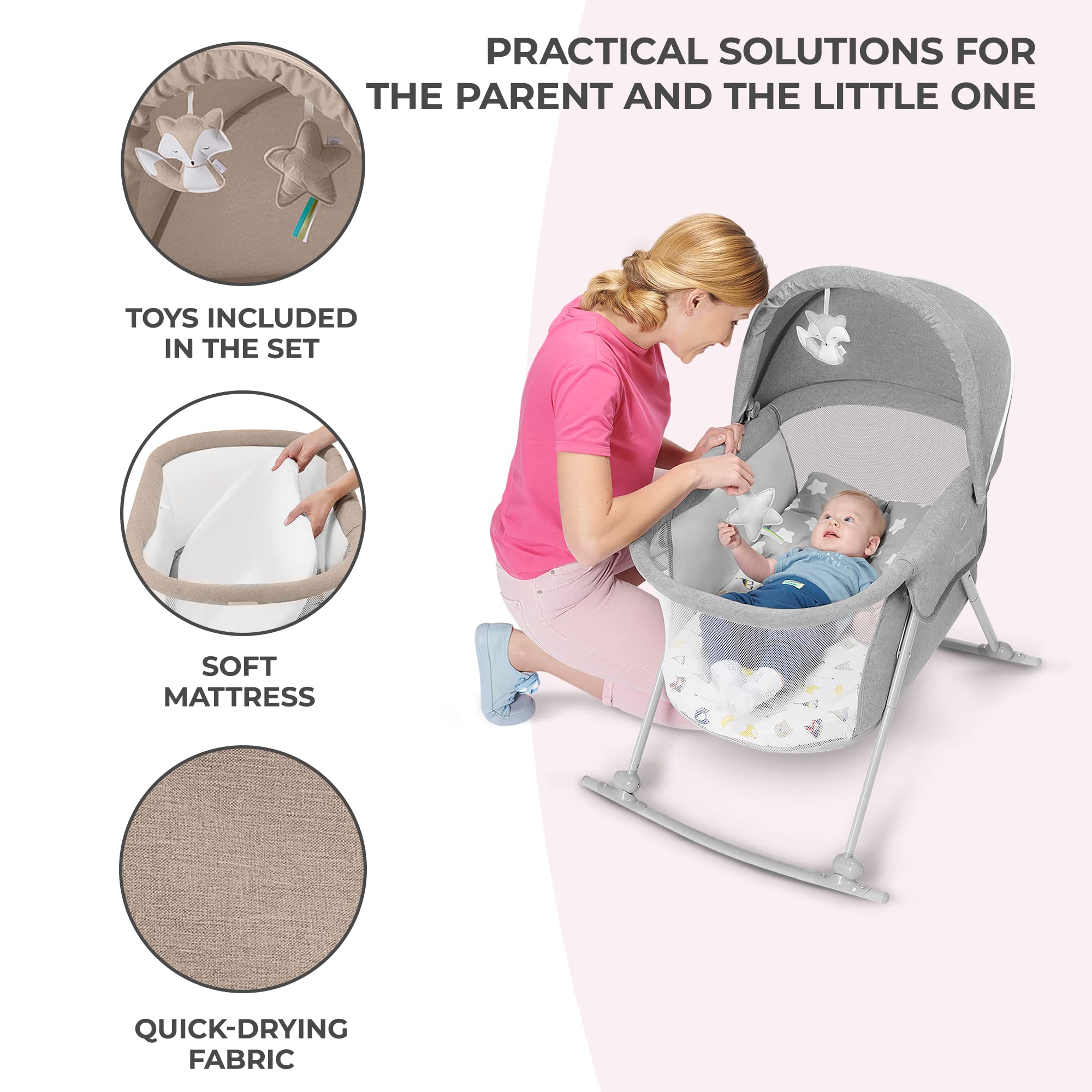 Kinderkraft LOVI Portable Travel Bassinet for Babies - Foldable Baby Bed with Built-in Mosquito Net, Adjustable Hood & Cradle Function - Beige | Perfect for Travel, Camping & Home Use