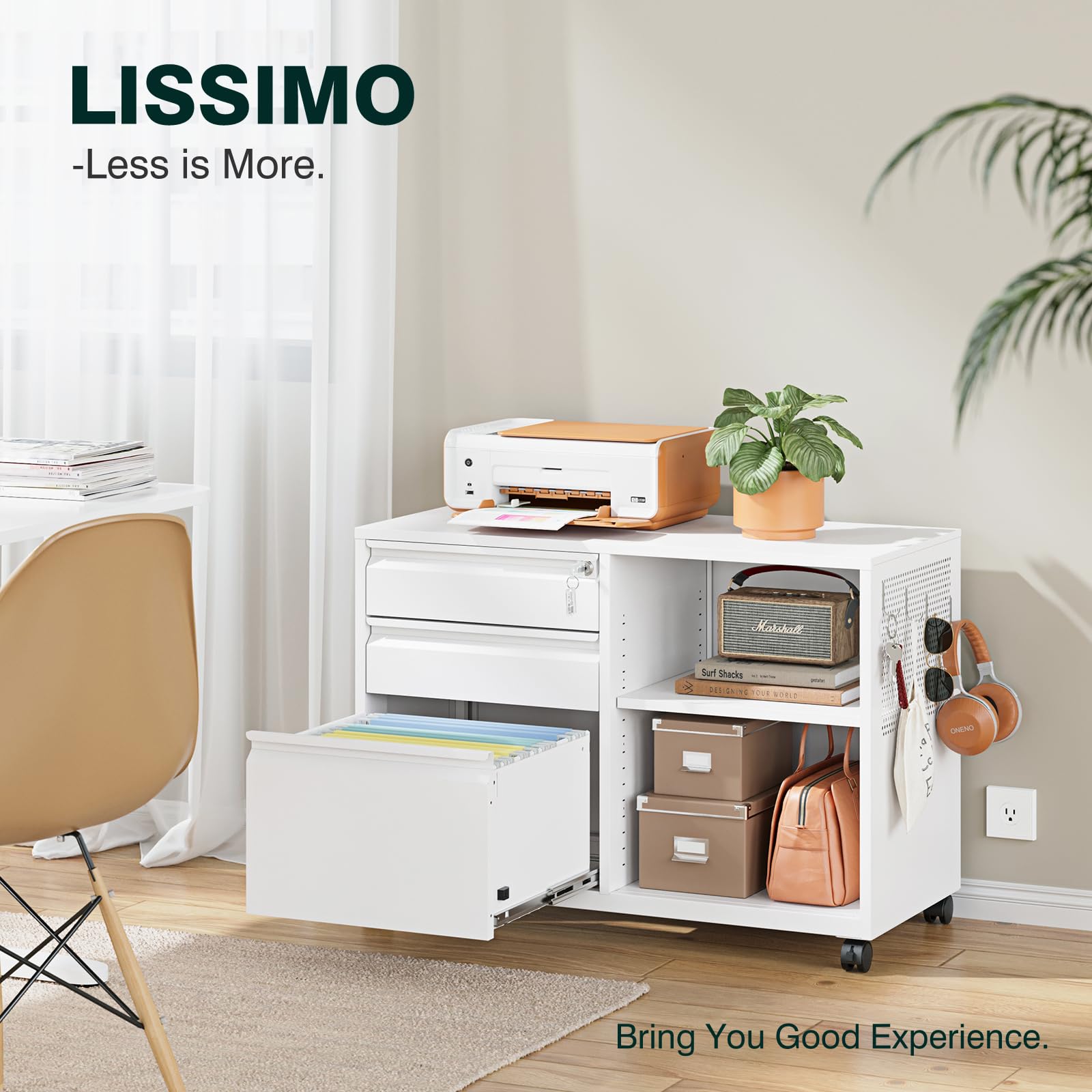 3-Drawer Locking Metal File Cabinet, Mobile Lateral Office Storage with Shelves - White | Home Office Organization, Printer Stand & Document Filing Solution