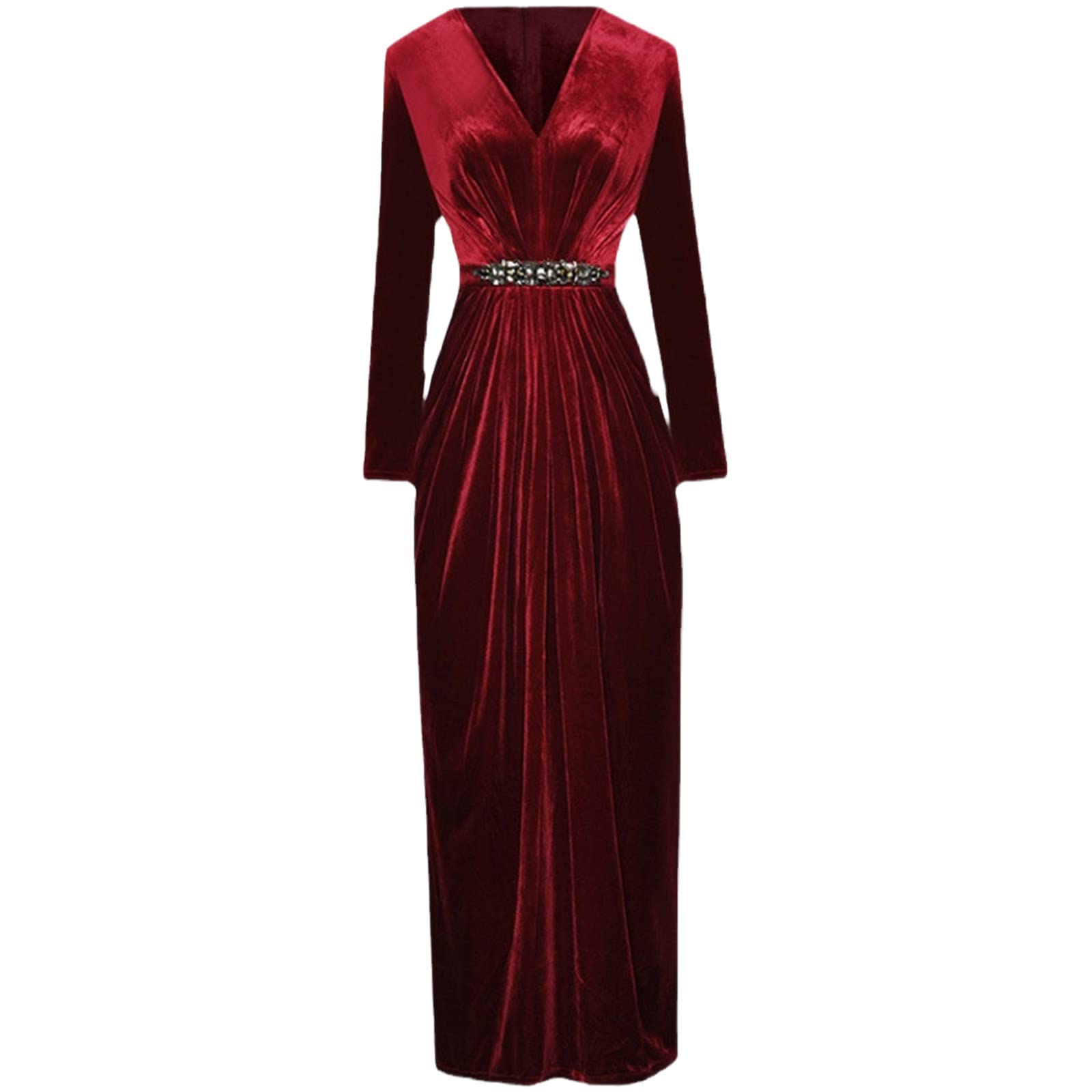 Elegant Red Velvet Party Dress for Women - V-Neck Beaded Long Sleeve High Waist Slim Pencil Dress for Fall Weddings, Christmas Parties & Formal Events