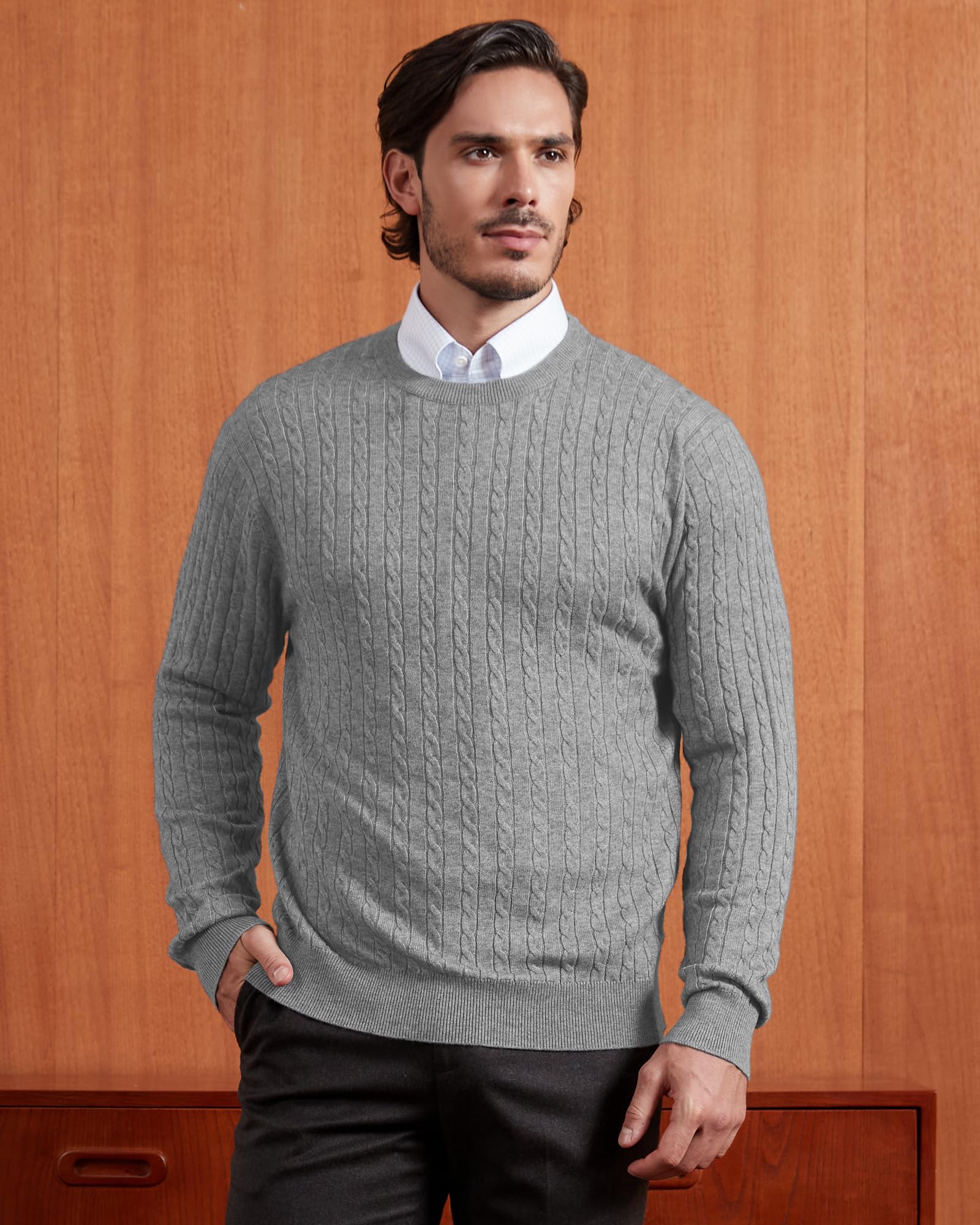 Kallspin Men's Cable Knit Crewneck Sweater - Soft Wool Blend Pullover for Relaxed Fit | Perfect for Winter Layering & Casual Outfits