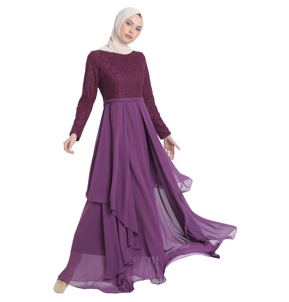 Elegant Purple Lace Formal Dress for Women - Modest Abaci Style 12959 - Perfect for Weddings, Parties & Special Occasions
