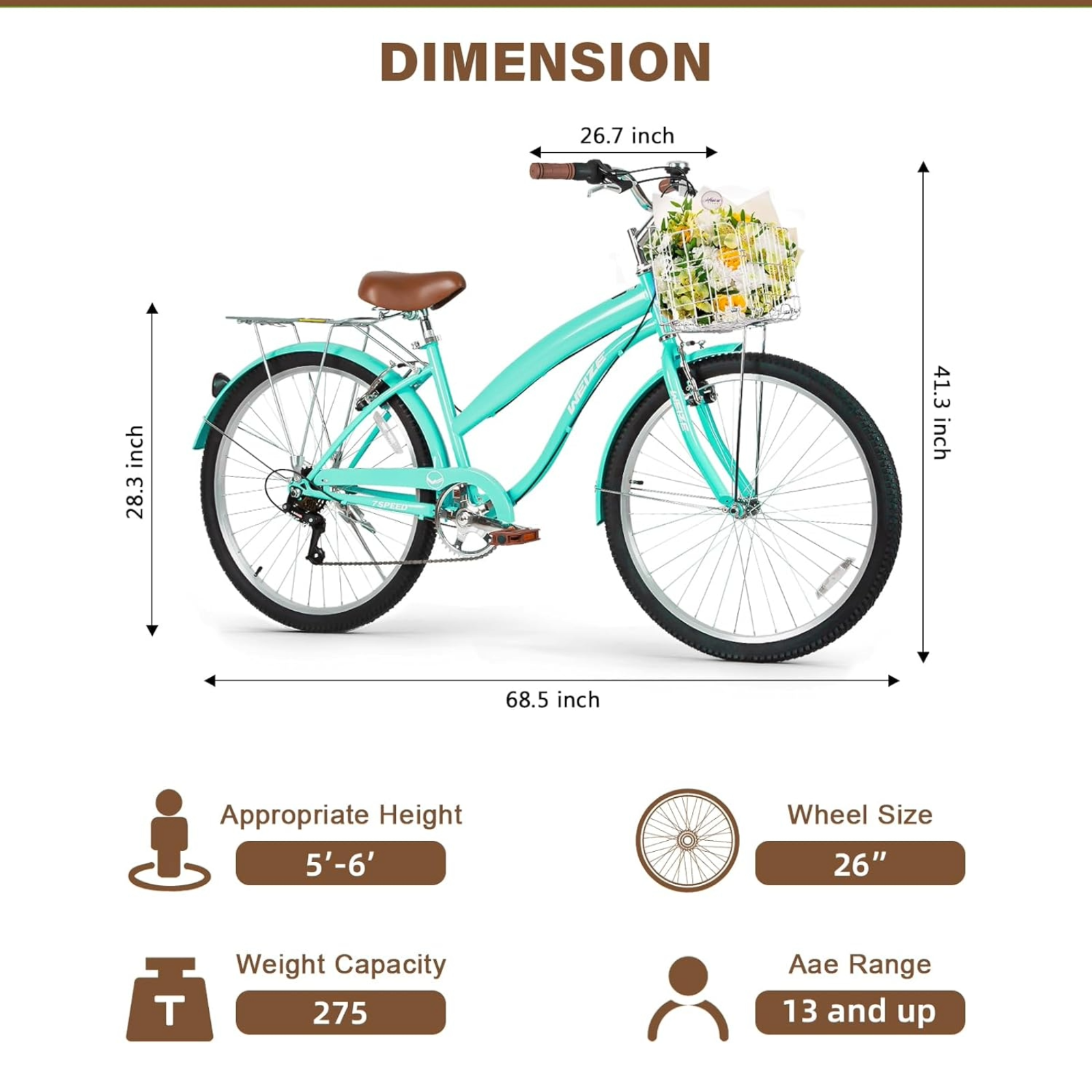 WEIZE 26 Inch Teal Beach Cruiser Bike - 7 Speed Comfortable Commuter Bicycle for Men & Women, Perfect for Leisure Rides, Beach Cruising & City Commuting