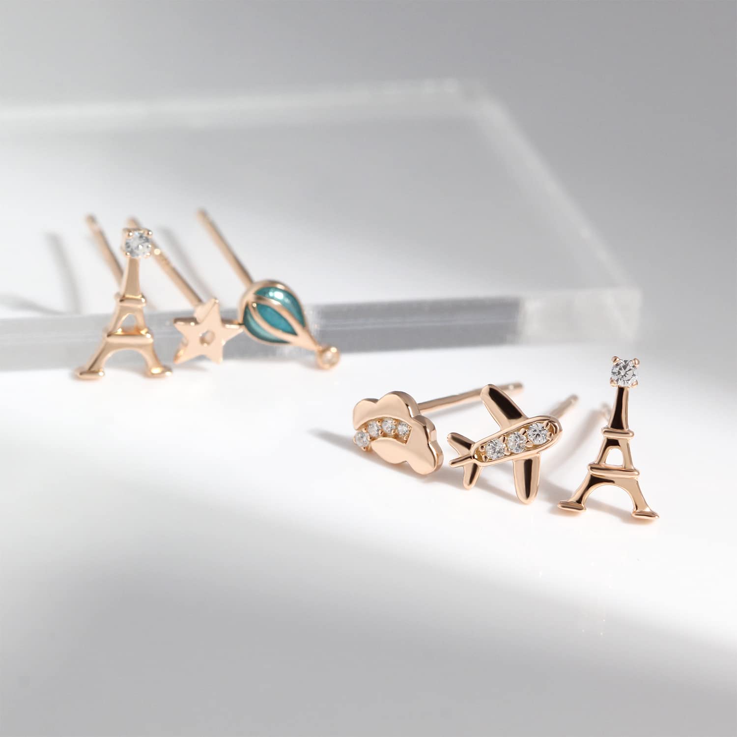 925 Sterling Silver/Rose Gold/Gold Eiffel Tower Hot Air Balloon Cloud Star Airplane Stud Earrings Set - Dainty Jewelry for Multiple Piercings | Perfect for Travel Lovers, Gift Giving & Everyday Wear