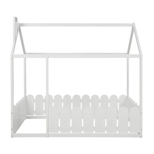 Solid Wood Twin Bed Frame with Safety Fence - Cabin Style Floor Bed for Kids, Nursery Furniture & Play Tent (White) - Perfect for Toddler Rooms, Montessori Bedrooms & Cozy Play Spaces
