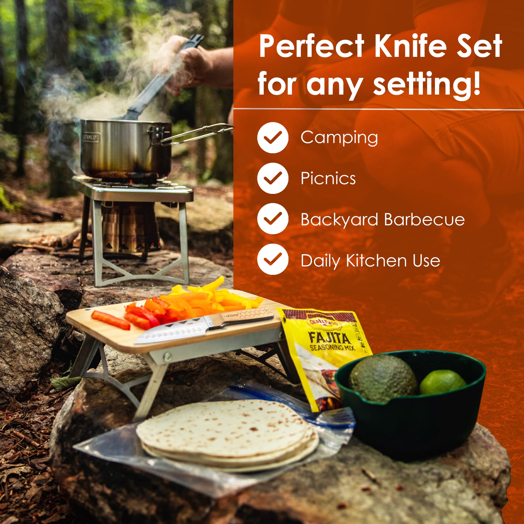 Premium nCamp Folding Chef Knife - 9CR18MOV Steel Blade with Wood Handle for Secure Grip | Western Utility & Outdoor Cooking Knife for Camping, Hiking & Kitchen Use