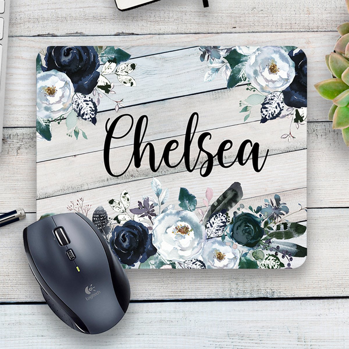 Custom Floral Mouse Pad - Navy & White Rustic Design for Office & Home Use - Perfect for Workstations, Gaming & Computer Desks
