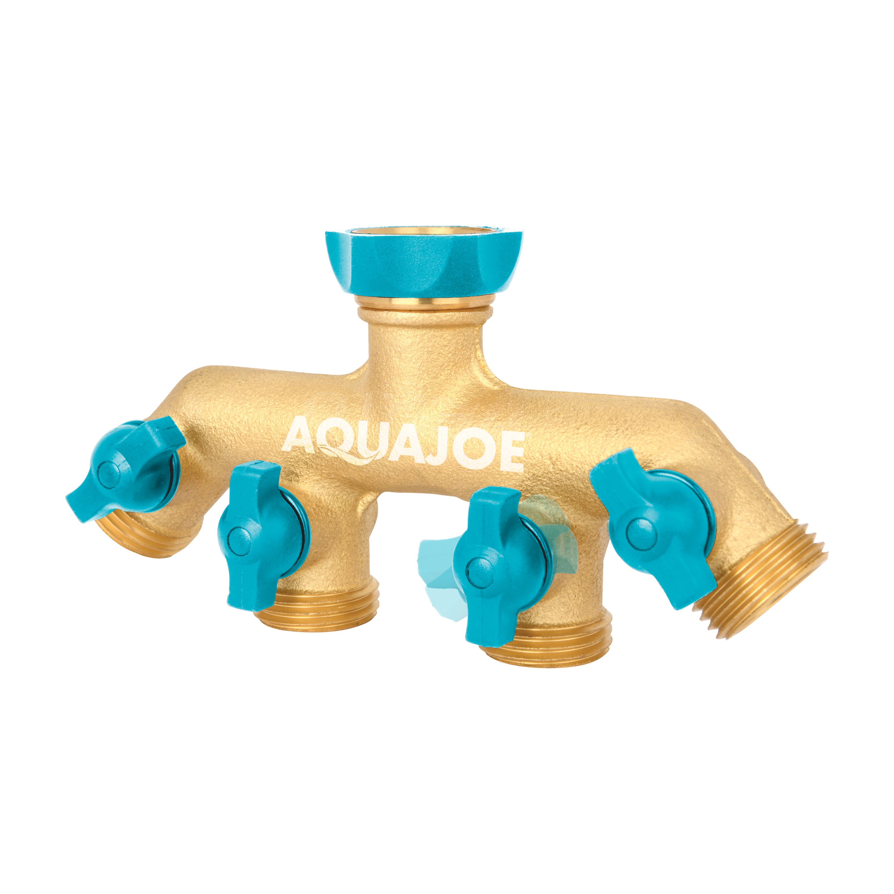 Aqua Joe AJ FS4W Solid Brass 4-Way Garden Hose Splitter - Heavy Duty Water Faucet Connector for Lawn Irrigation, Car Washing & Outdoor Cleaning