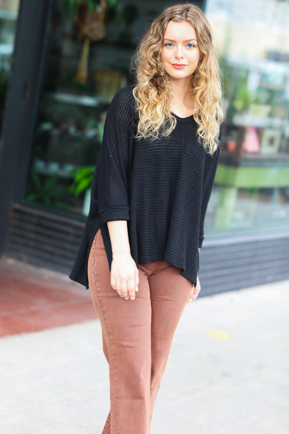 Open Your Mind Black Jacquard Hi-Low V-Neck Sweater for Women | Elegant & Stylish Pullover for Casual Outings, Date Nights & Office Wear