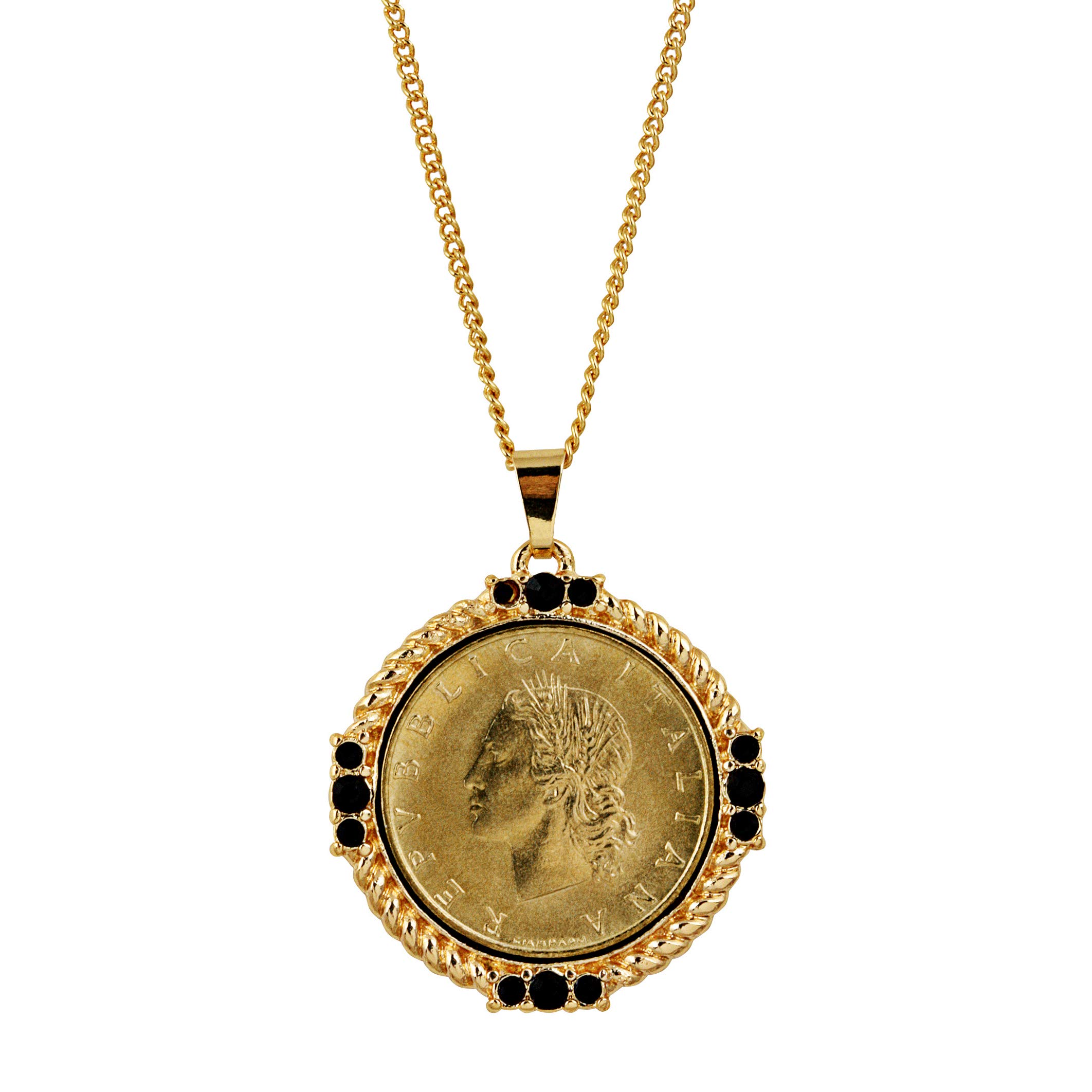 Italian 20 Lira Coin Pendant Necklace - Goldtone Vintage Coin Jewelry with Faceted Jet Glass Stones | Italian Medallion Necklace for Women | Perfect Gift for Anniversary, Birthday & Special Occasions