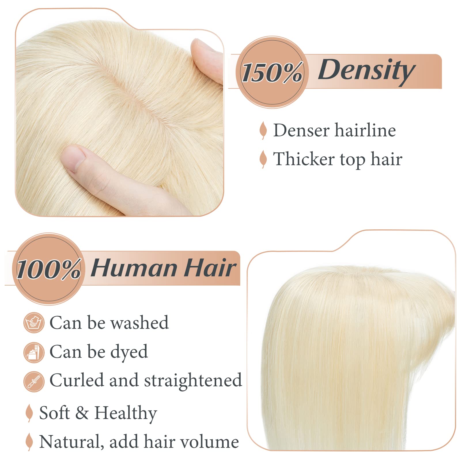 Clip-in Human Hair Toppers with Bangs for Women - 14