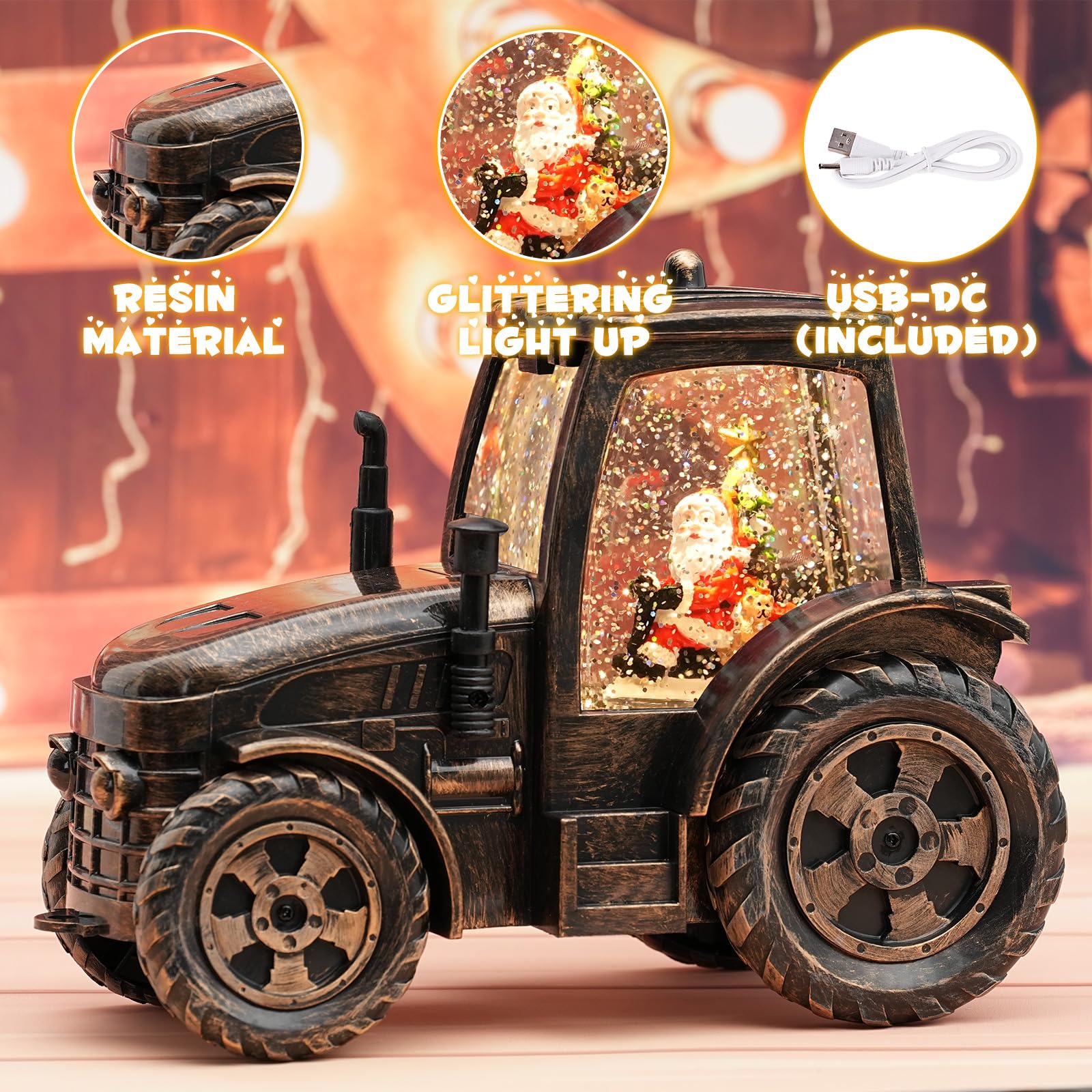 Bronze Tractor Snow Globe with LED Lights - Santa Christmas Snow Globe Lantern with 6-Hour Timer, Battery & USB Powered - Perfect Indoor Christmas Decor & Gift for Dad, Grandfather | Holiday Home Decor, Mantelpiece Display, Cozy Winter Nightlight