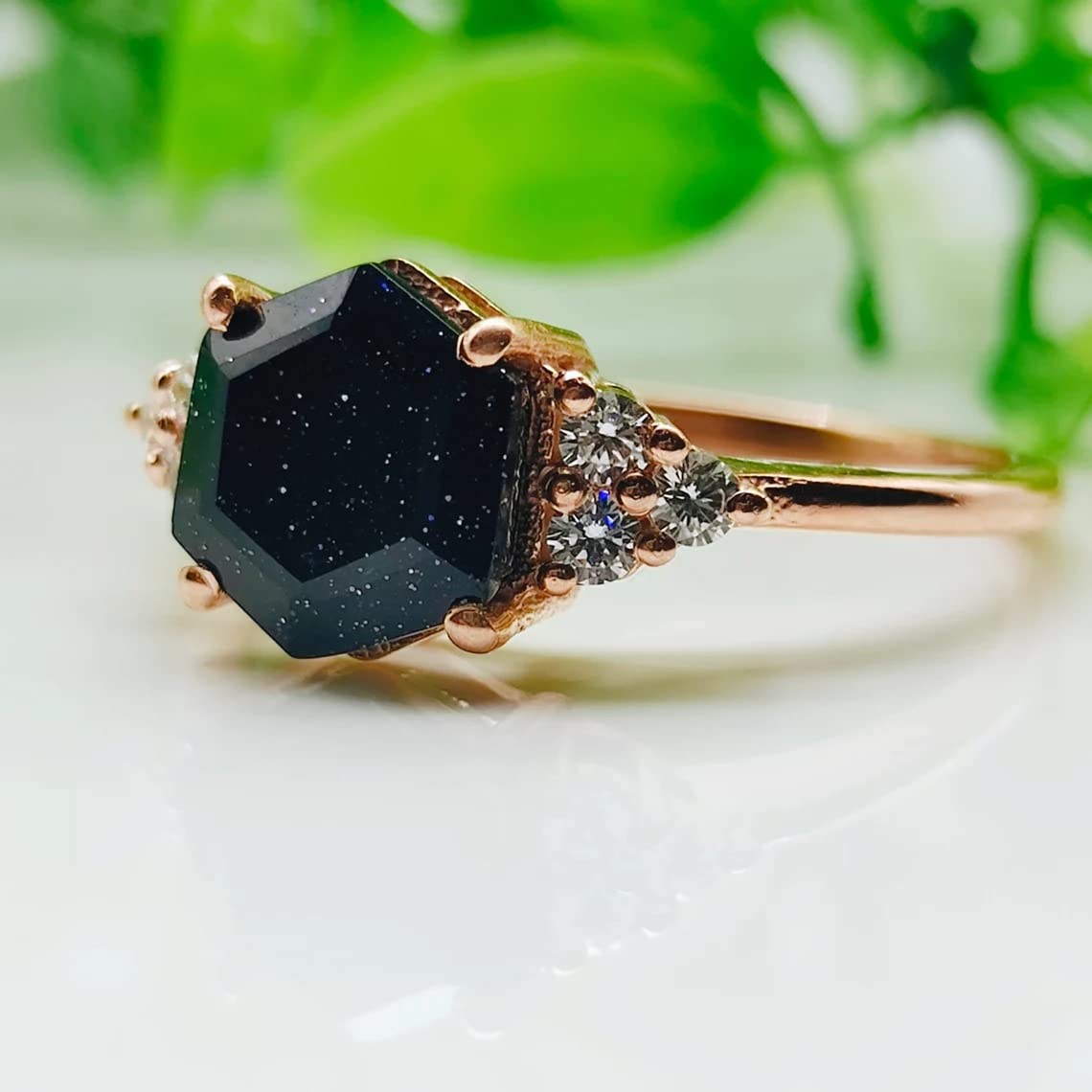 Hexagon Cut Sandstone Ring - 925 Sterling Silver Vintage Cluster Ring for Women, Unique Handmade Jewelry Gift (Blue, Rose Gold, White) | Perfect for Weddings, Anniversaries & Boho Fashion