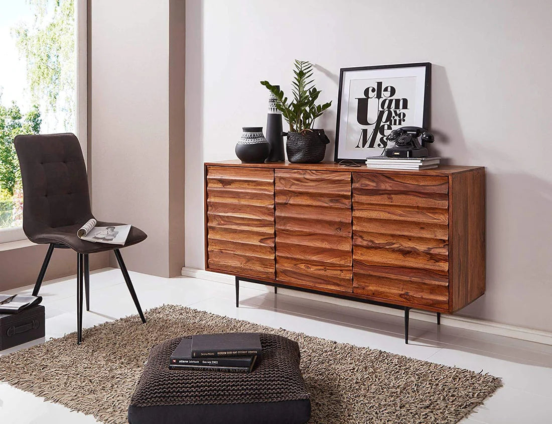 Gfine Solid Sheesham Wood & Iron Sideboard with 3 Doors - 147x38x81cm - Stylish Storage Cabinet for Living Room, Dining Room, or Entryway