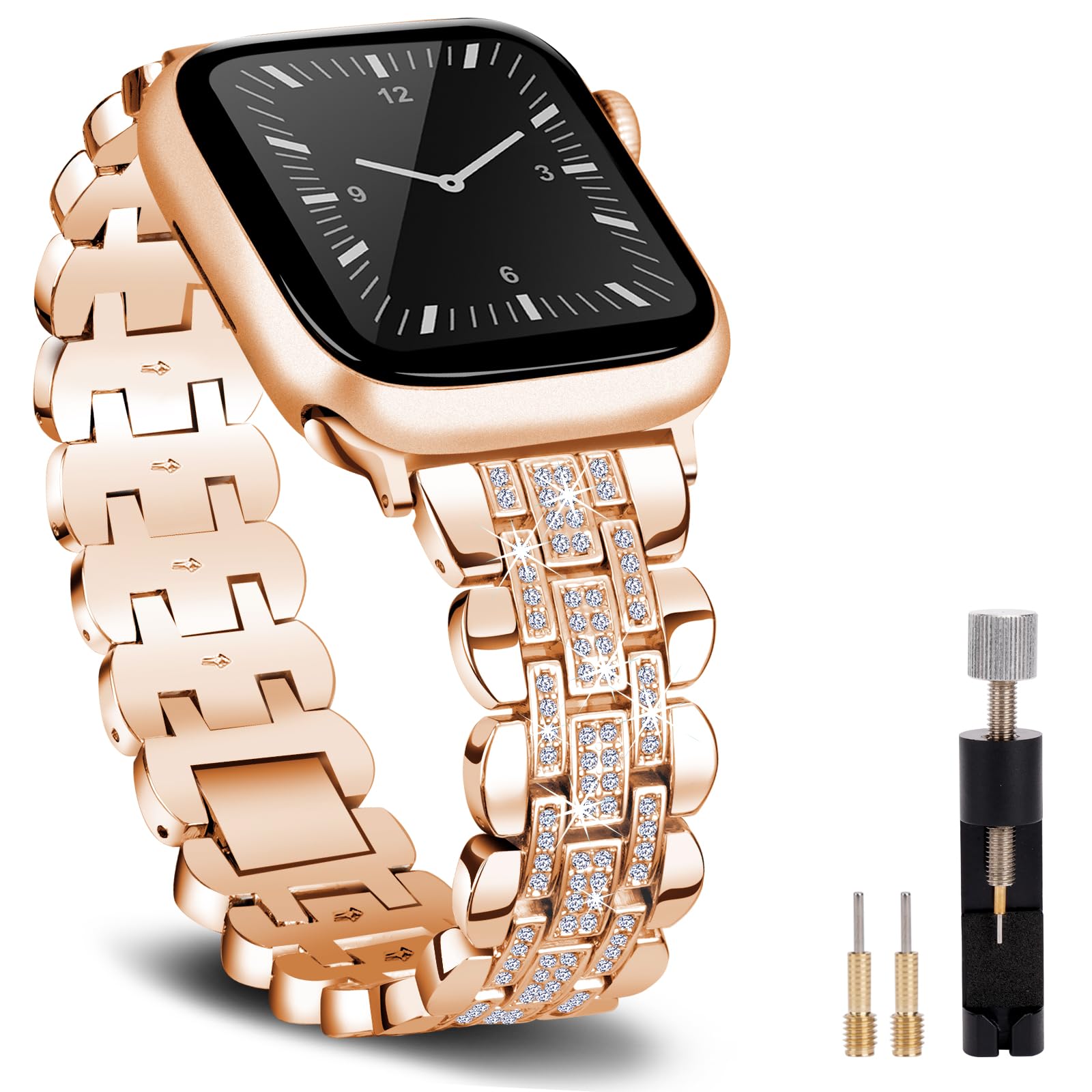 Stainless Steel Apple Watch Band 42mm 41mm 40mm 38mm - Bling Jewelry Bracelet for Apple Watch Series 10 9 8 7 SE 6 5 4 3 - Rose Gold Women's iWatch Accessory - Perfect for Work, Parties & Everyday Wear