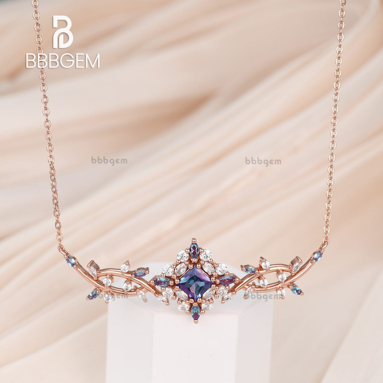 Exquisite Synthetic Alexandrite & Moissanite Princess Cluster Necklace | Elegant Women's Jewelry for Parties, Weddings & Special Occasions | Perfect Gift for Anniversary, Birthday & Evening Events