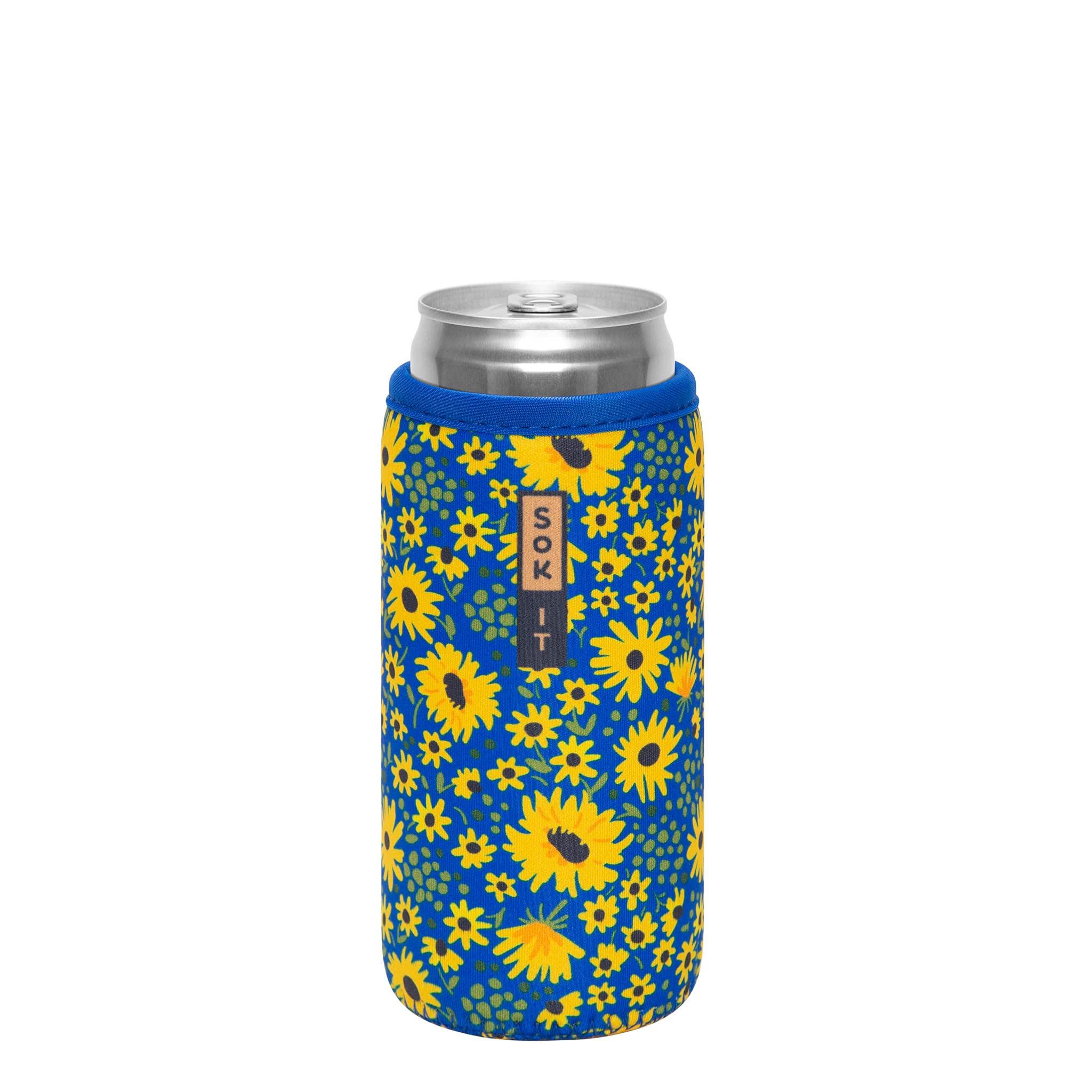 Reusable Neoprene Insulated Can Sleeve for Soda, Pop, Beer & Seltzer - 12oz Slim Can Cooler (Yellow Daisies Design) - Keep Drinks Cold at Picnics, BBQs & Outdoor Events