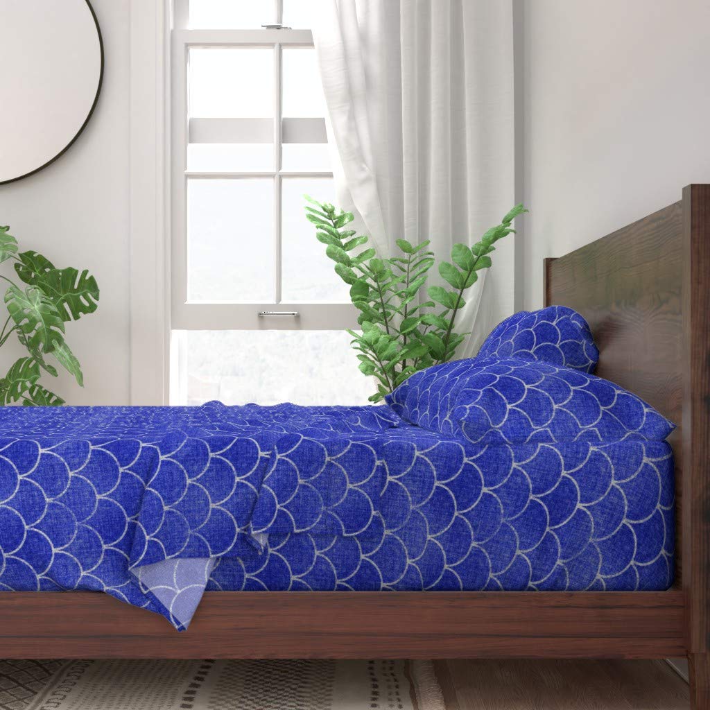 100% Cotton Twin Sheet Set 3pc - Cobalt Blue Scales Art Deco Mermaid Print Custom Bedding | Soft Breathable Sheets for Bedroom, Guest Room & Dorm | Spoonflower