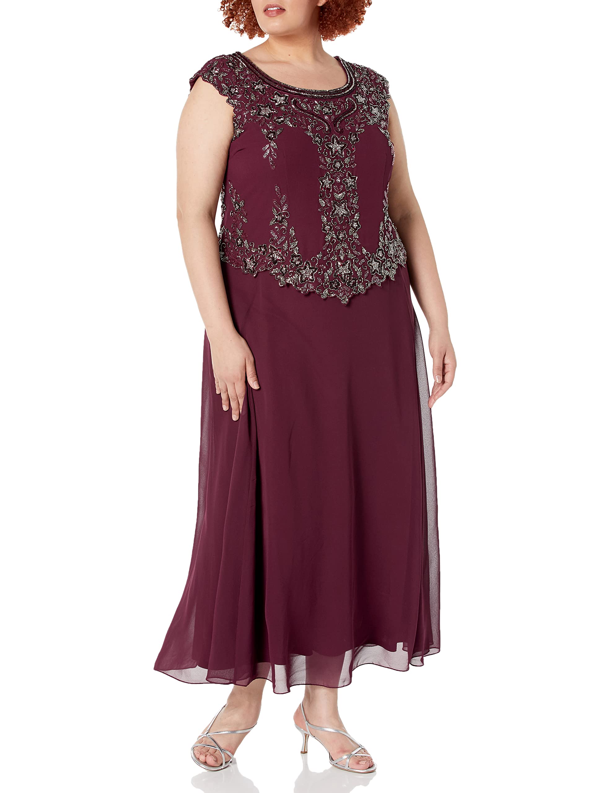 J Kara Women's Elegant Cap Sleeve Long Beaded Maxi Dress for Evening Party, Wedding Guest, Prom & Special Occasions
