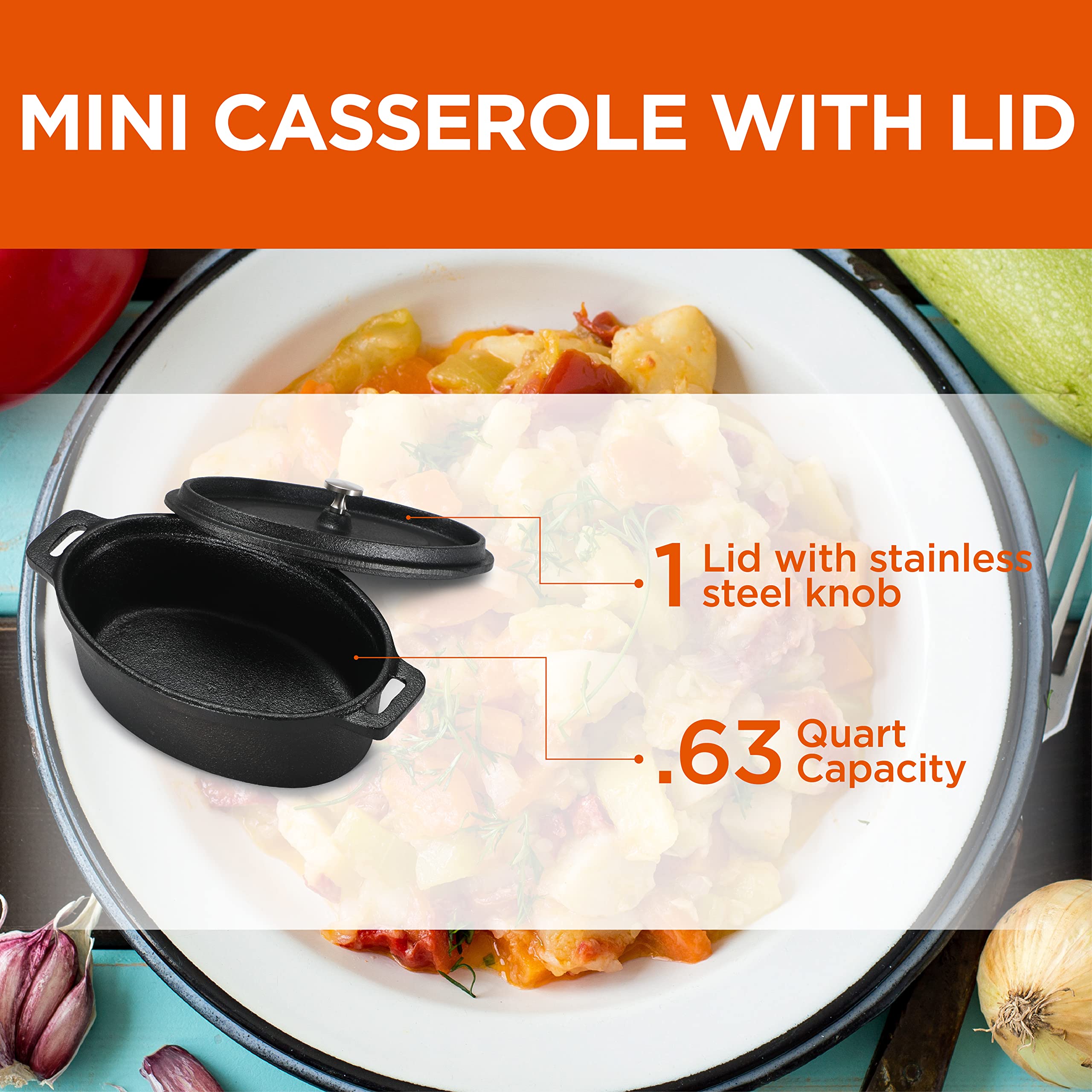 Commercial Chef 0.63 Qt Mini Cast Iron Casserole Dish with Lid - Small Dutch Oven for Baking, Roasting & Serving - Perfect for Individual Desserts, Side Dishes & Camping Cookware