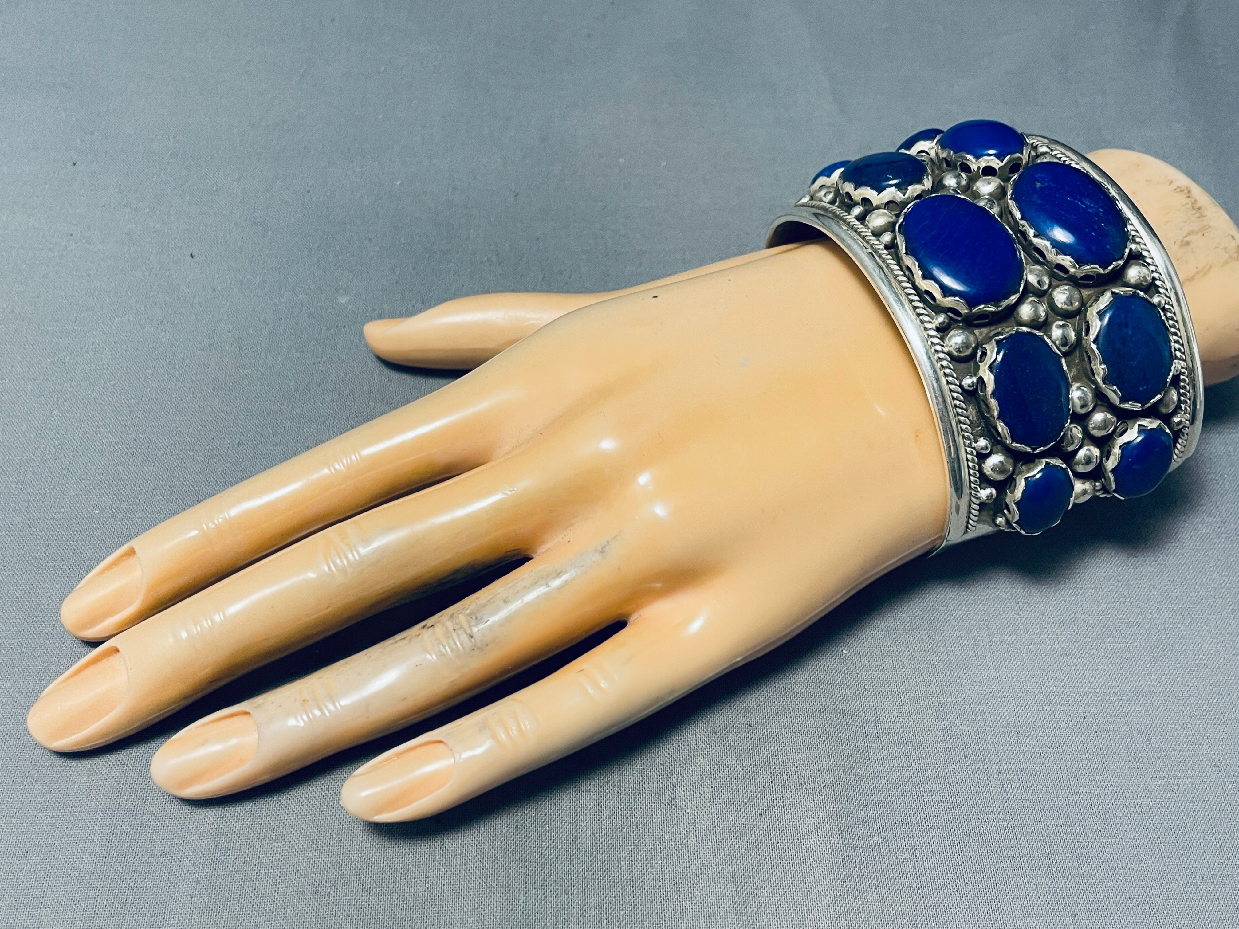 125 Grams Massive Vintage Sterling Silver Lapis Bracelet - Handmade Blue Lapis Lazuli Beaded Jewelry for Women, Boho Chic Statement Piece (Perfect for Weddings, Parties & Spiritual Healing)