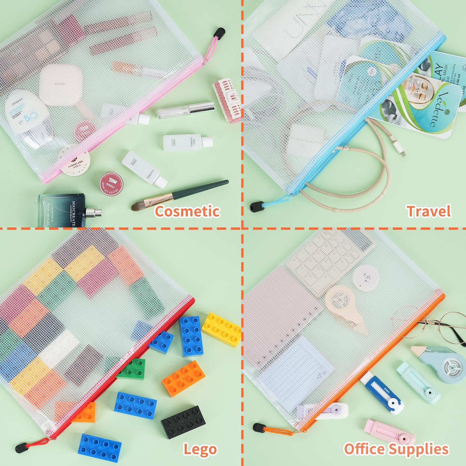 24-Pack A4 Size Mesh Plastic Zipper Pouch Bags - Waterproof Storage Organizer for Board Games, Puzzles, School & Office Supplies | Perfect for Classroom Organization, Travel & Craft Storage