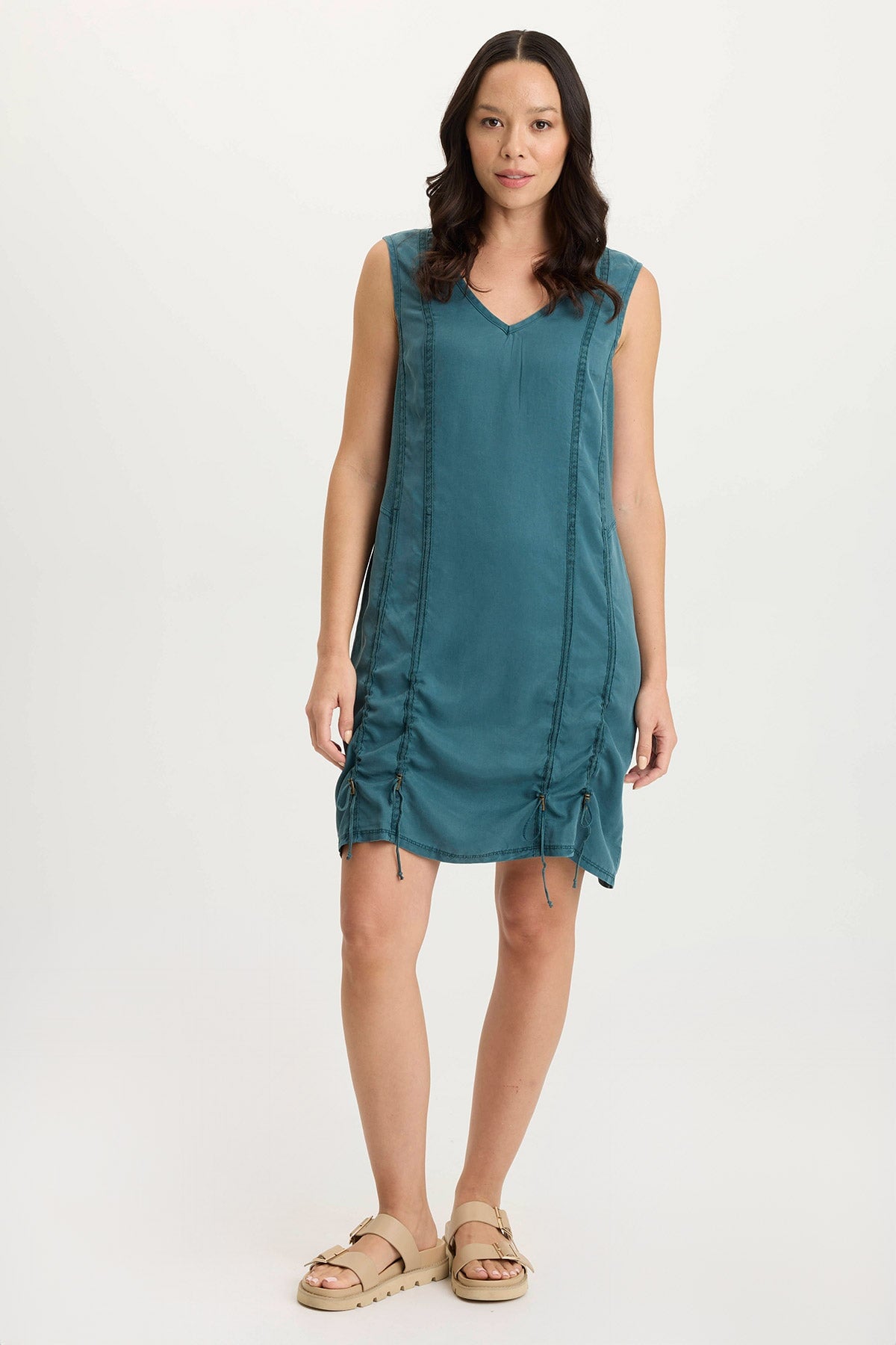 Karima Twill Corded Cinch Tank Dress for Women - Slimming Midi Dress with Adjustable Waist - Perfect for Casual Outings, Date Nights & Summer Vacations