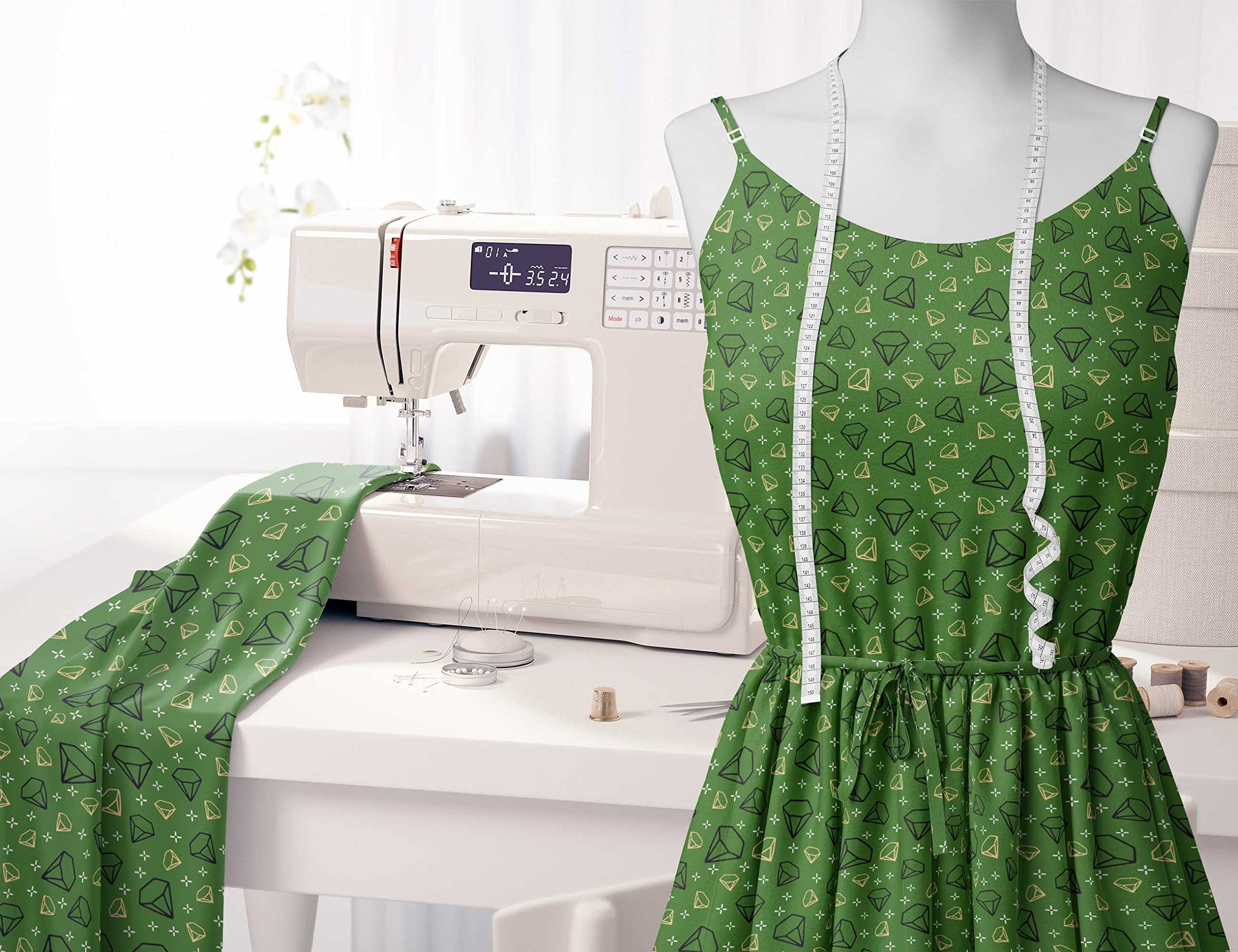Soimoi Moss Green Georgette Fabric by The Yard - 42 Inch Wide Diamond Geometric Print - Elegant Classic Design for Dresses, Curtains & Home Decor
