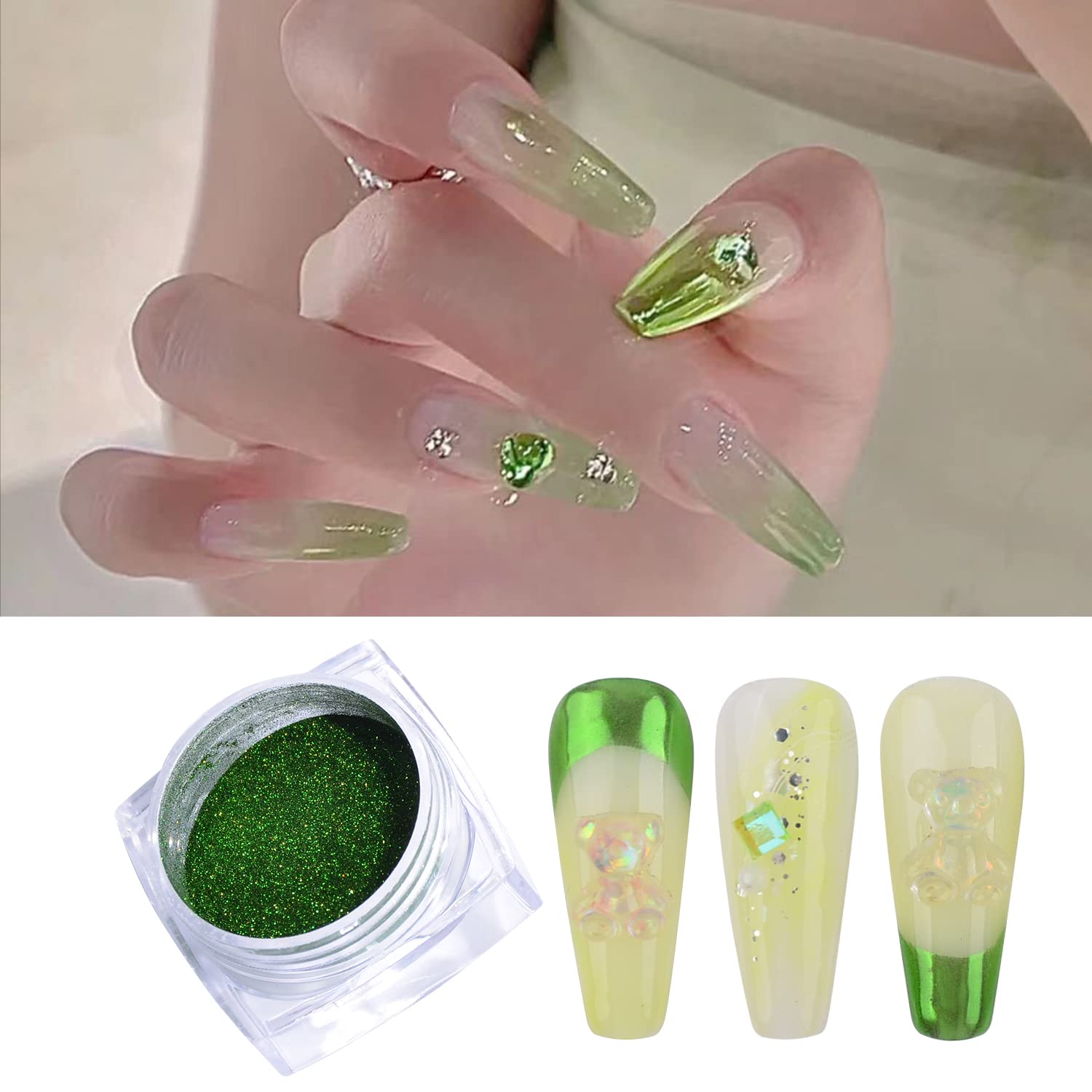 DSHIJIE Apple Green Mirror Chrome Nail Powder - Holographic Pigment for Nail Art, Manicure & Decoration - Perfect for Salon, DIY Nails & Special Occasions