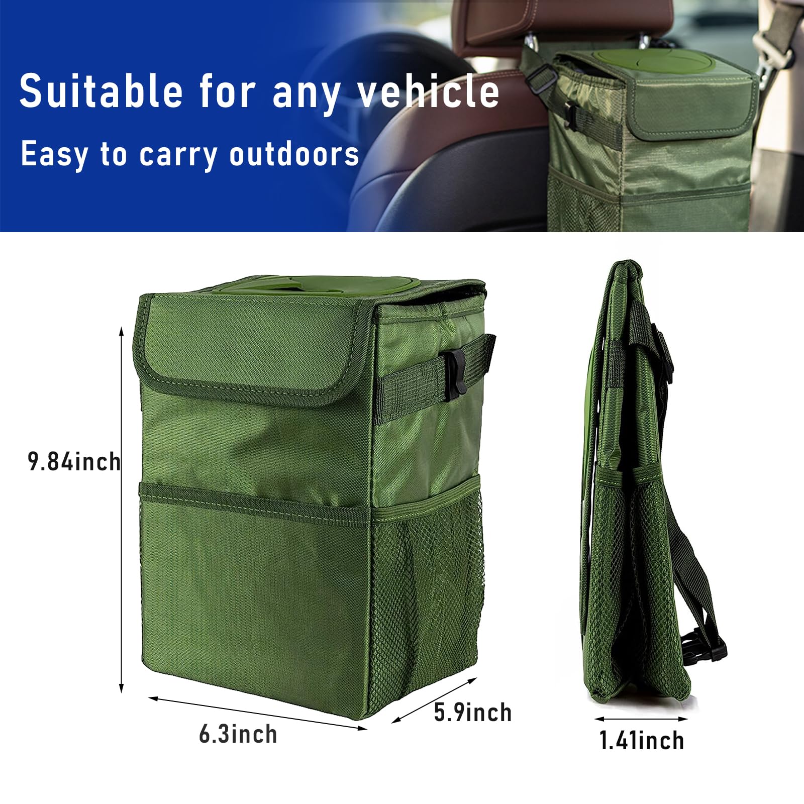 Kewucn Car Trash Can with Lid - Leak-Proof Oxford Fabric Auto Garbage Bin with Storage Pockets | Hanging Collapsible Vehicle Organizer | Universal Fit for Most Cars (Army Green) | Perfect for Road Trips, Commuting & Keeping Your Car Clean