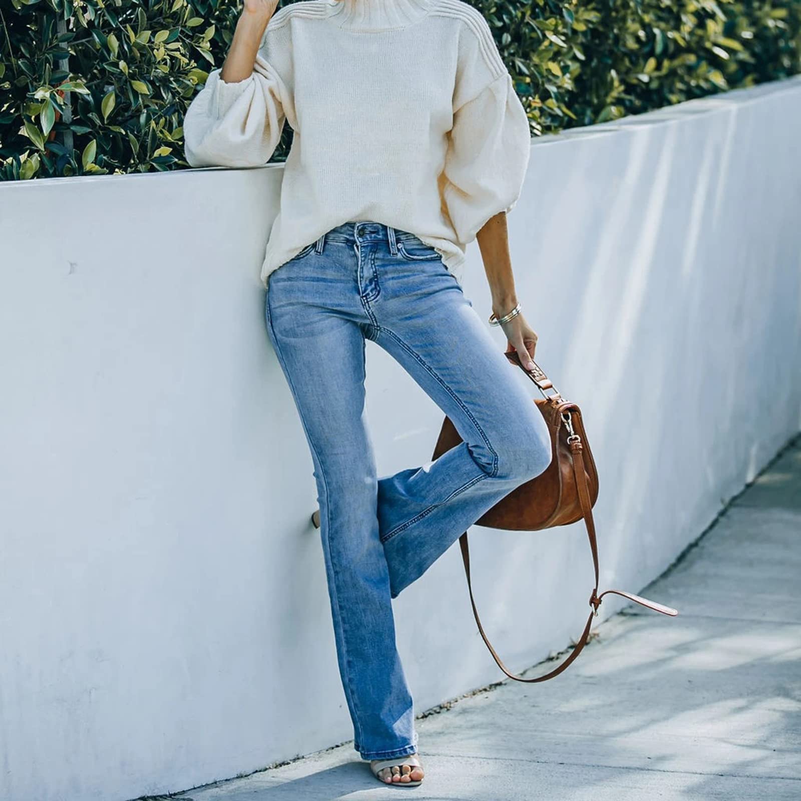 Women's Bootcut Jeans - Mid Rise Stretch Slim Fit Distressed Bell Bottom Denim Pants for Casual Wear & Night Out