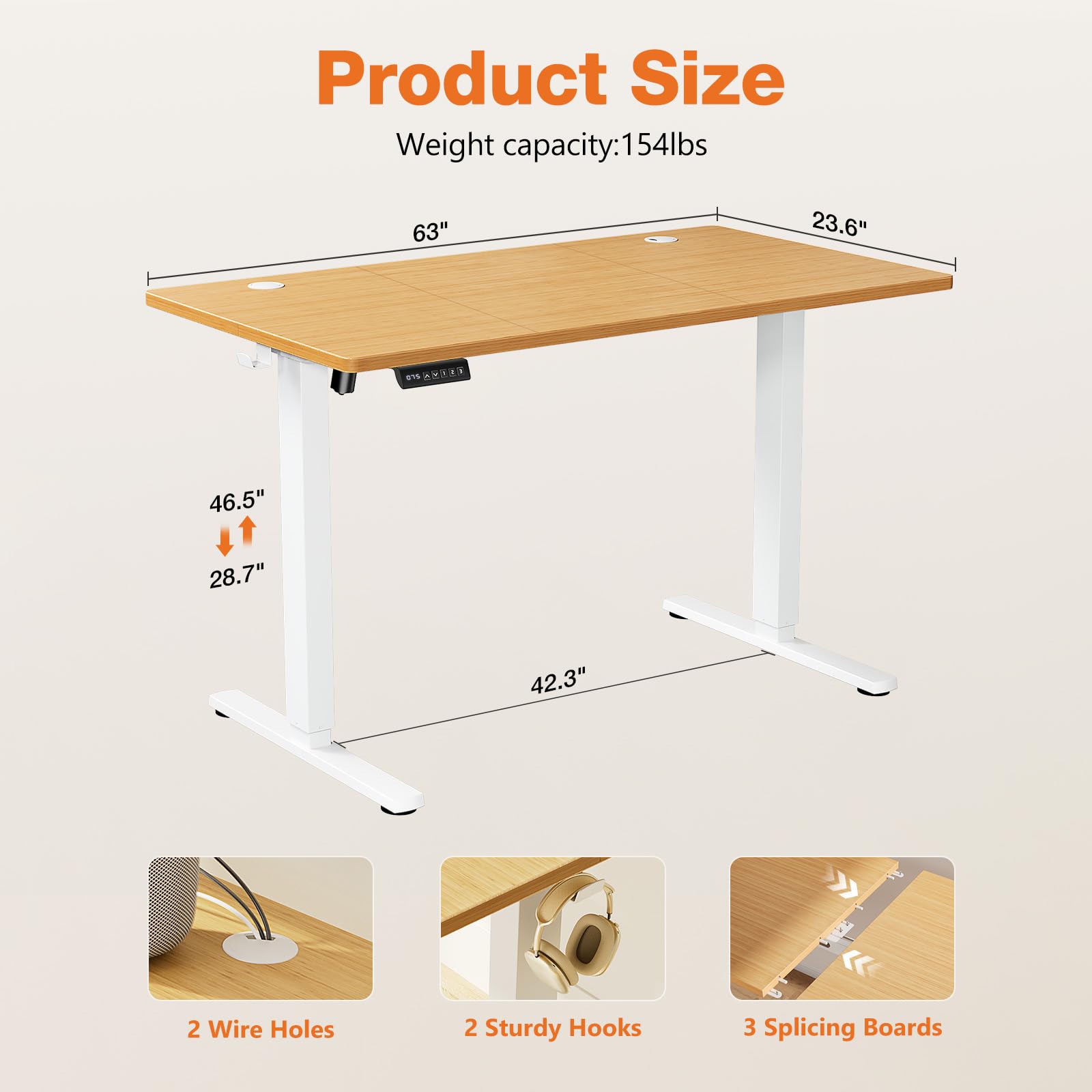 Sweetcrispy Electric Adjustable Height Standing Desk - 63 x 24 inch Sit Stand Desk with Splice Board, Ergonomic Home Office Computer Table with 2 Hooks & Cable Management for Work, Study, and Gaming