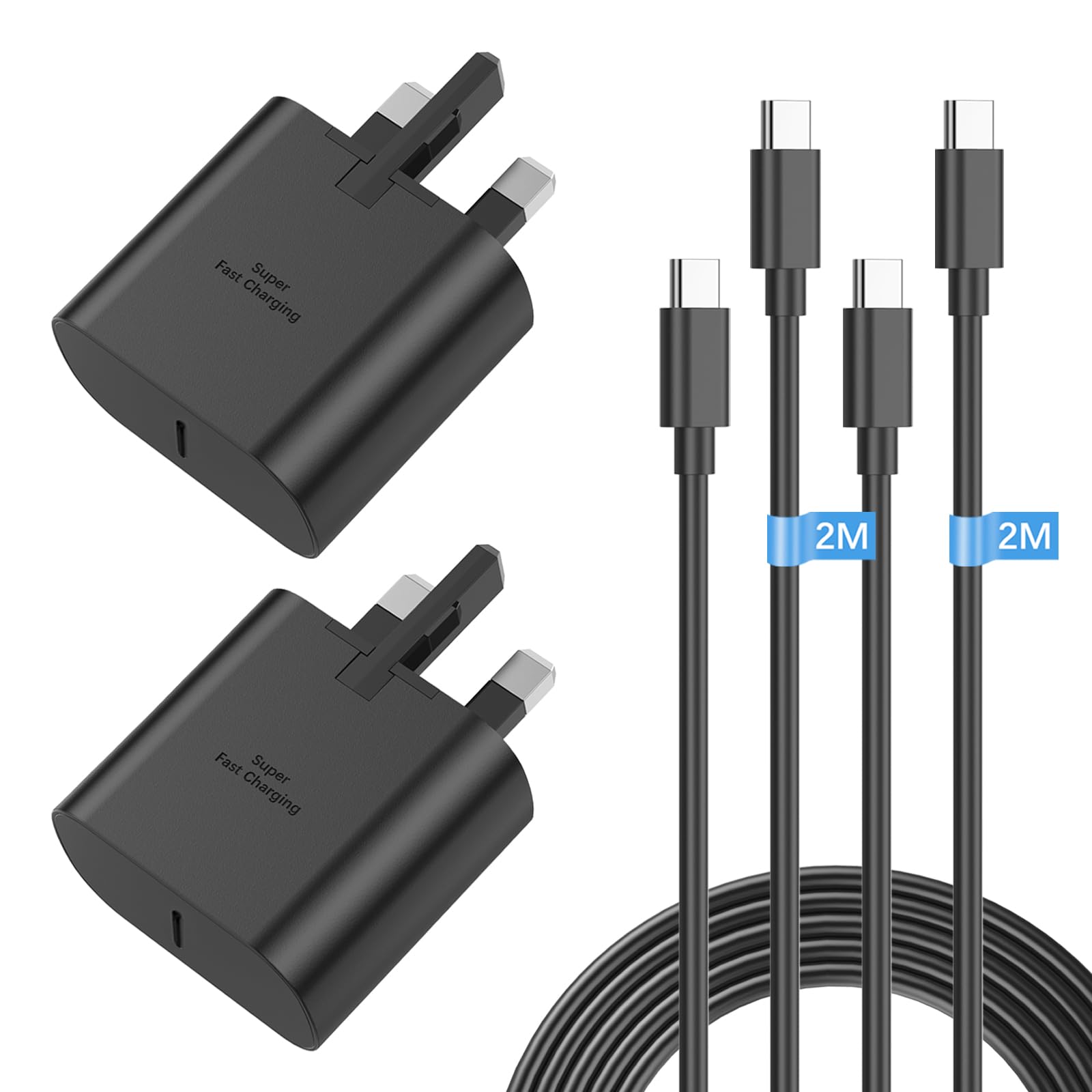 25W Super Fast Charger Plug & 2M USB-C Cable 2-Pack for Samsung Galaxy S24/S23 Ultra/S23+/S22 Ultra/S22/S21/S20 FE/A53 - Rapid Charging for Home, Office & Travel