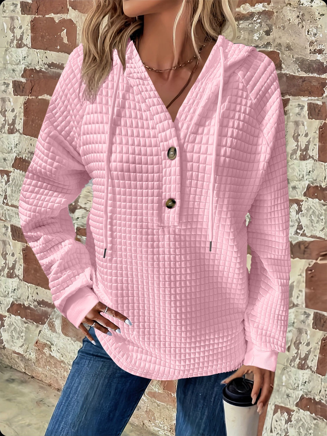 Full Size Textured Button Detail Drawstring Long Sleeve Hoodie for Men & Women - Cozy Casual Wear for Fall Winter Outdoor Activities