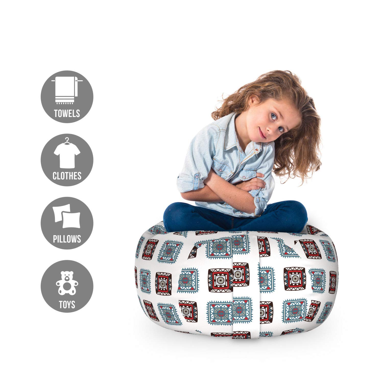 Ambesonne Batik Storage Toy Bag Chair - Geometric Square Pattern with Folk Batik Design, Washable Stuffed Animal Organizer for Kids Room, Small Multicolor Ottoman for Nursery, Playroom & Bedroom Organization