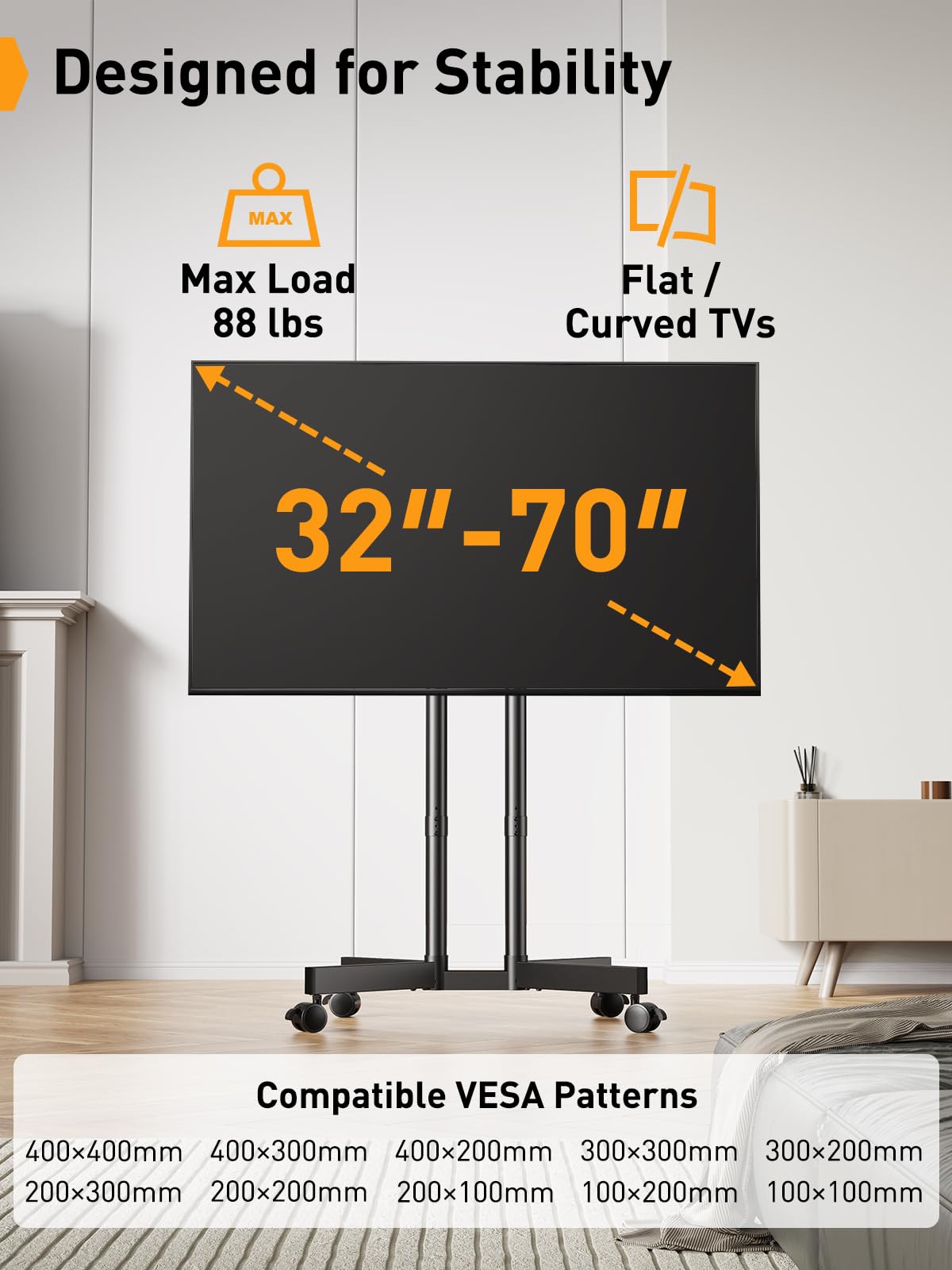 Perlegear Rolling TV Stand with Wheels for 32-70 inch TVs - Height Adjustable Mobile TV Cart with -15° to +5° Tilt, 4K TV Stand up to 88lbs, Max VESA 400x400mm - Perfect for Living Room, Bedroom, or Office Entertainment Setup (Model: PGTVMC14)