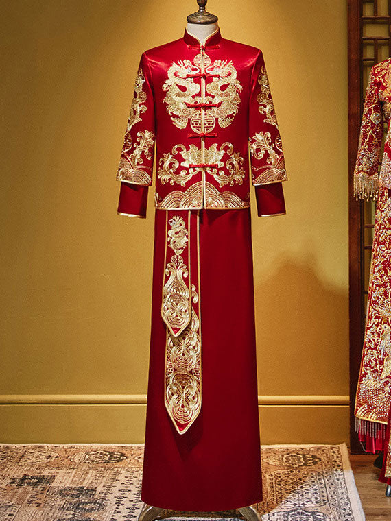 2024 Embroidered Dragon Men's Wedding Qun Kwa Jacket & Skirt Set - Traditional Chinese Groom Attire for Weddings, Ceremonies & Cultural Events
