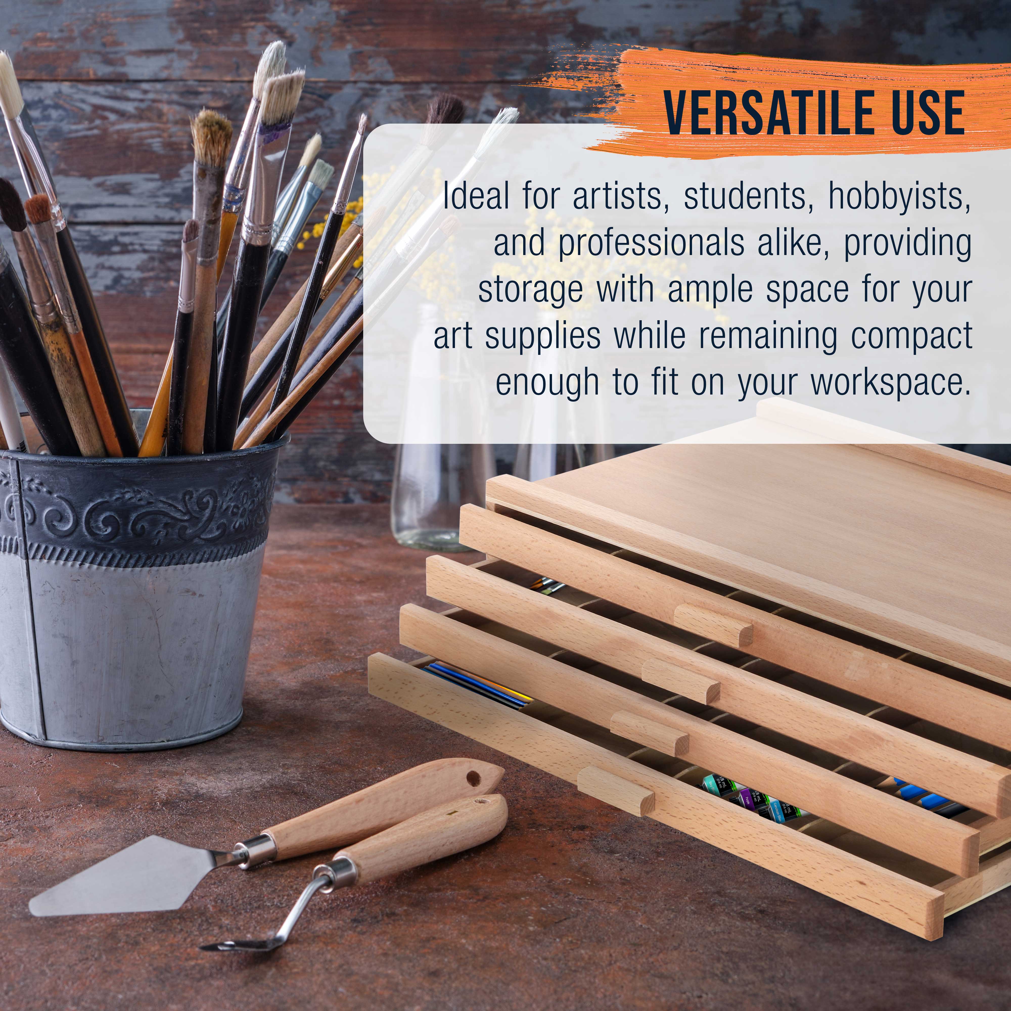4-Drawer Artist Wood Storage Box for Pastels, Pens, Markers - Elm Hardwood Construction with 5 Compartments per Drawer - Perfect for Drawing, Sketching & Art Supplies Organization - Ideal for Artists, Students & Craft Rooms