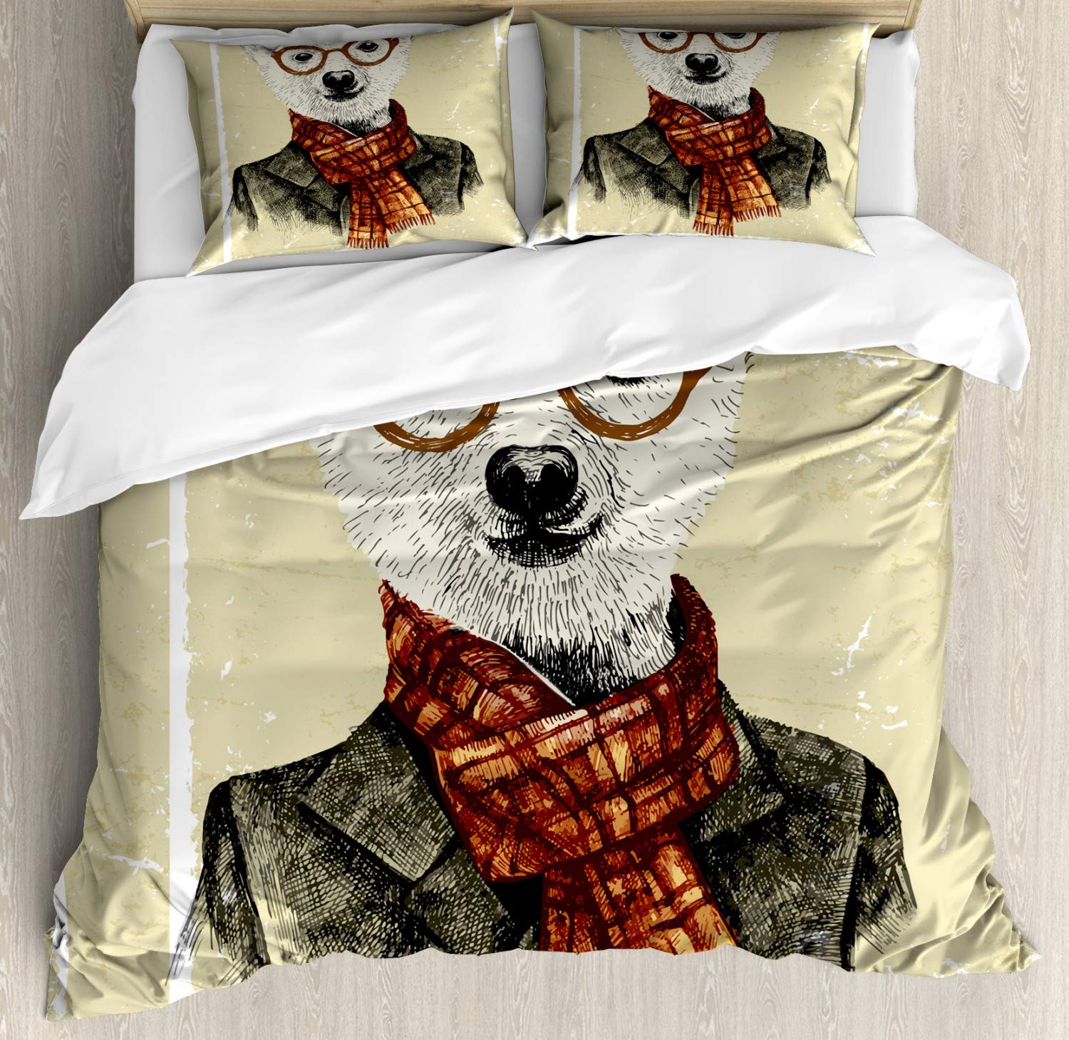 Ambesonne Animal Duvet Cover Set - Hipster Bear with Glasses Scarf Jacket Design, Wild Mammal Humorous Art Bedding, 2-Pack Queen Size (Cream Dark Orange Black) - Includes 2 Duvet Covers & 4 Pillowcases - Perfect for Teens Rooms, Dorm Decor & Unique Gift Ideas