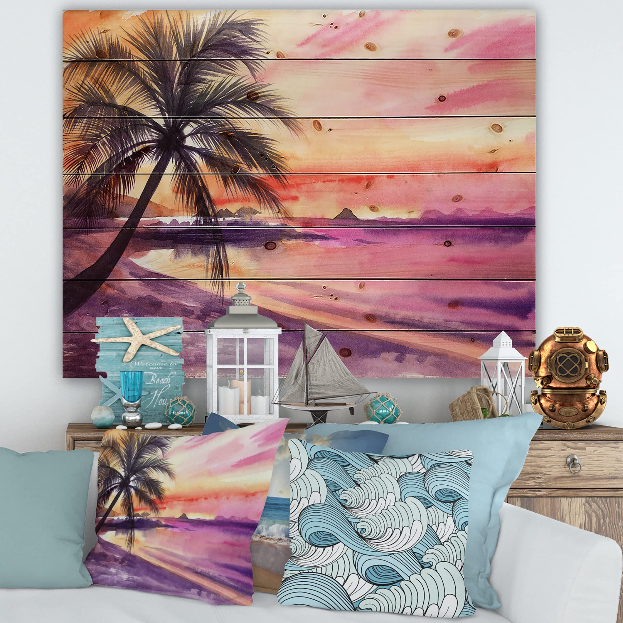 DesignQ Pink & Purple Palm Beach Sunset Nautical Coastal Wood Wall Decor - Large Beach Wood Wall Art Panels Printed on Natural Pine - Perfect for Coastal Home Decor, Beach House Wall Art, Living Room & Bedroom Wall Decor