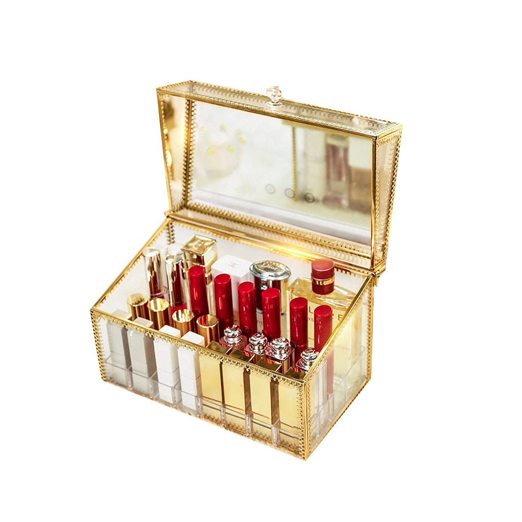 Glass Desktop Storage Box with Lid - Dustproof Lipstick Organizer, Multi-Cell Cosmetic Storage Rack for Makeup Brushes & Beauty Products | Perfect for Dorm Rooms, Vanity Tables & Bathroom Countertops