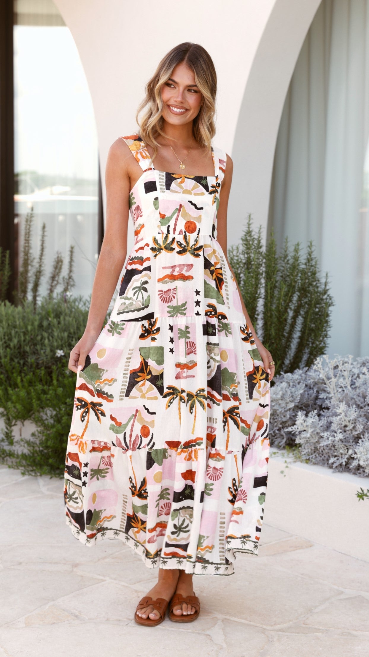 Laylah Maxi Dress with Desert Palms Print - Flowy Long Boho Summer Dress for Women - Perfect for Beach Vacations, Music Festivals & Casual Outings