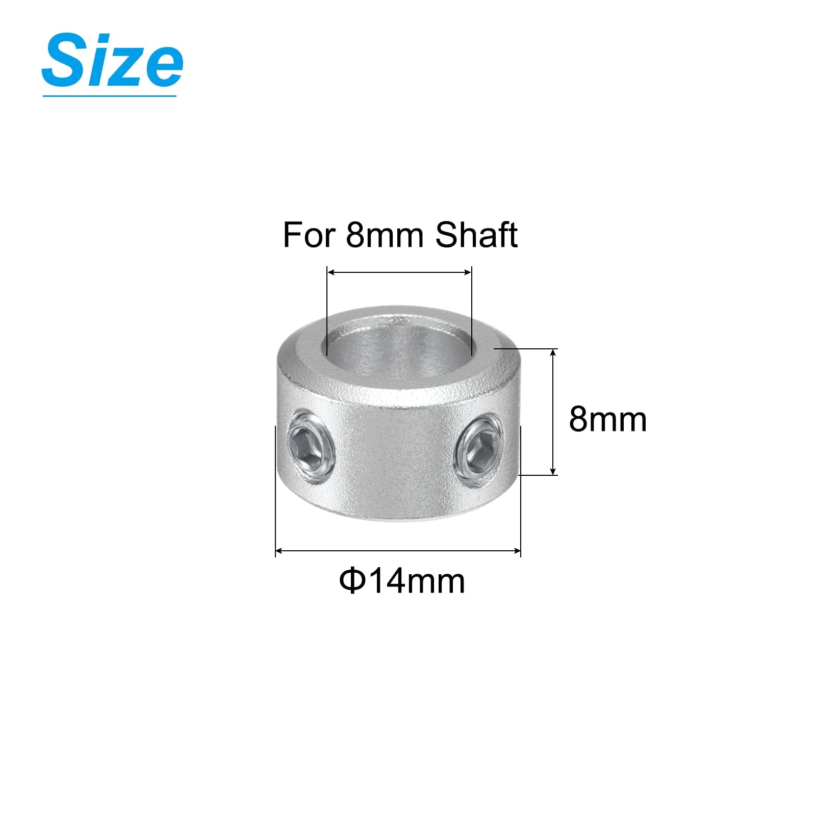 uxcell 8mm Shaft Set Screw Collar - 2pcs Aluminum Alloy Clamping Collars (14mm OD, 8mm Thickness) with M4 Set Screws & Wrench - Perfect for Machinery, Robotics & DIY Projects