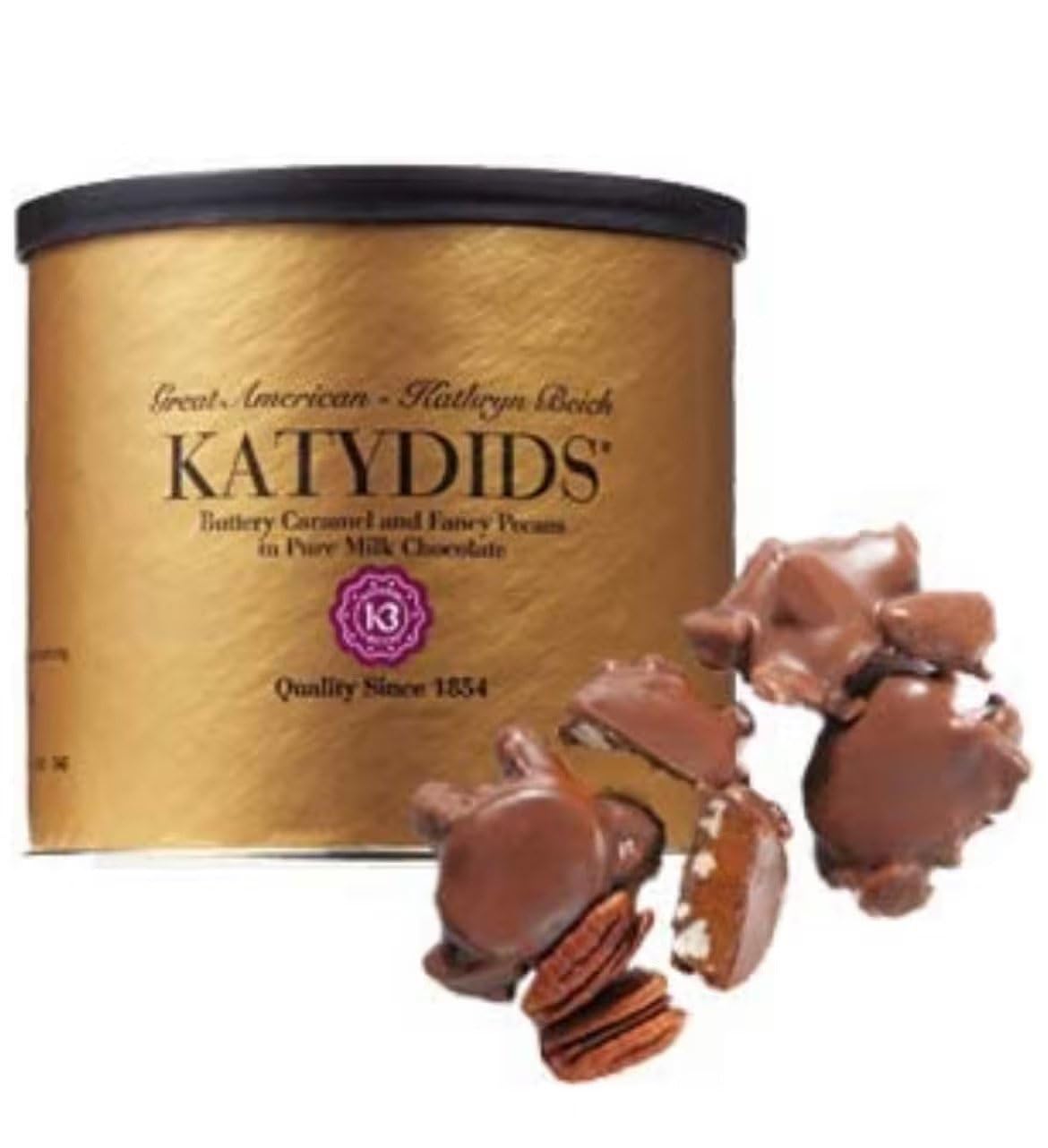 Katydids Candy 2 Tins – Kathryn Beich Milk Chocolate Caramel Pecan Clusters (8 oz Each) – Premium Turtles Chocolate Candy with Soft Caramel & Whole Pecans in Elegant Gold Tins – Perfect for Gifts, Parties & Holiday Treats