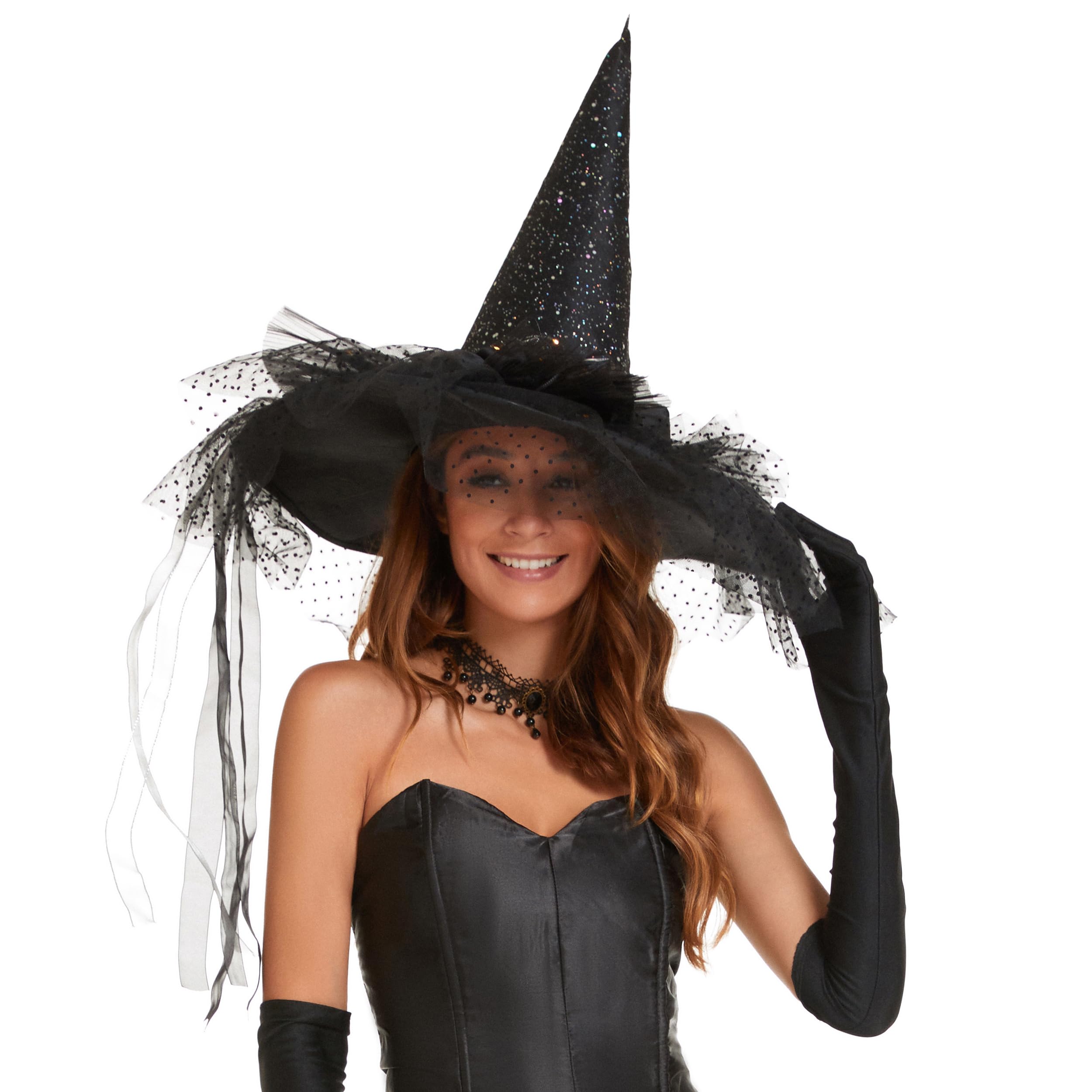LED Light Witch Hat for Women - Black Halloween Costume Steeple Top Hat with Lamp for Party, Cosplay & Witch Theme Events