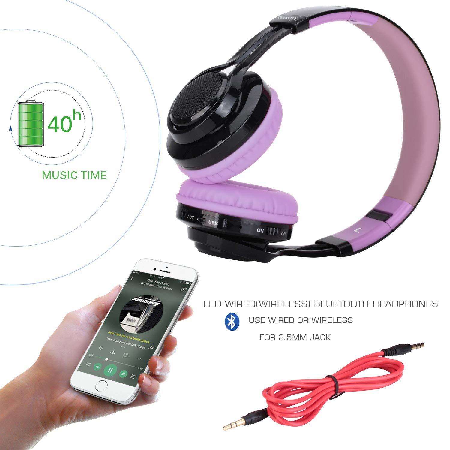 Riwbox AB005 Wireless Bluetooth 5.0 Headphones with Microphone, Foldable Over-Ear Headset with FM Radio, TF Card Slot & LED Light - Compatible with iPhone, Android & All Bluetooth Devices (Black & Purple) - Perfect for Gym, Travel & Office Use