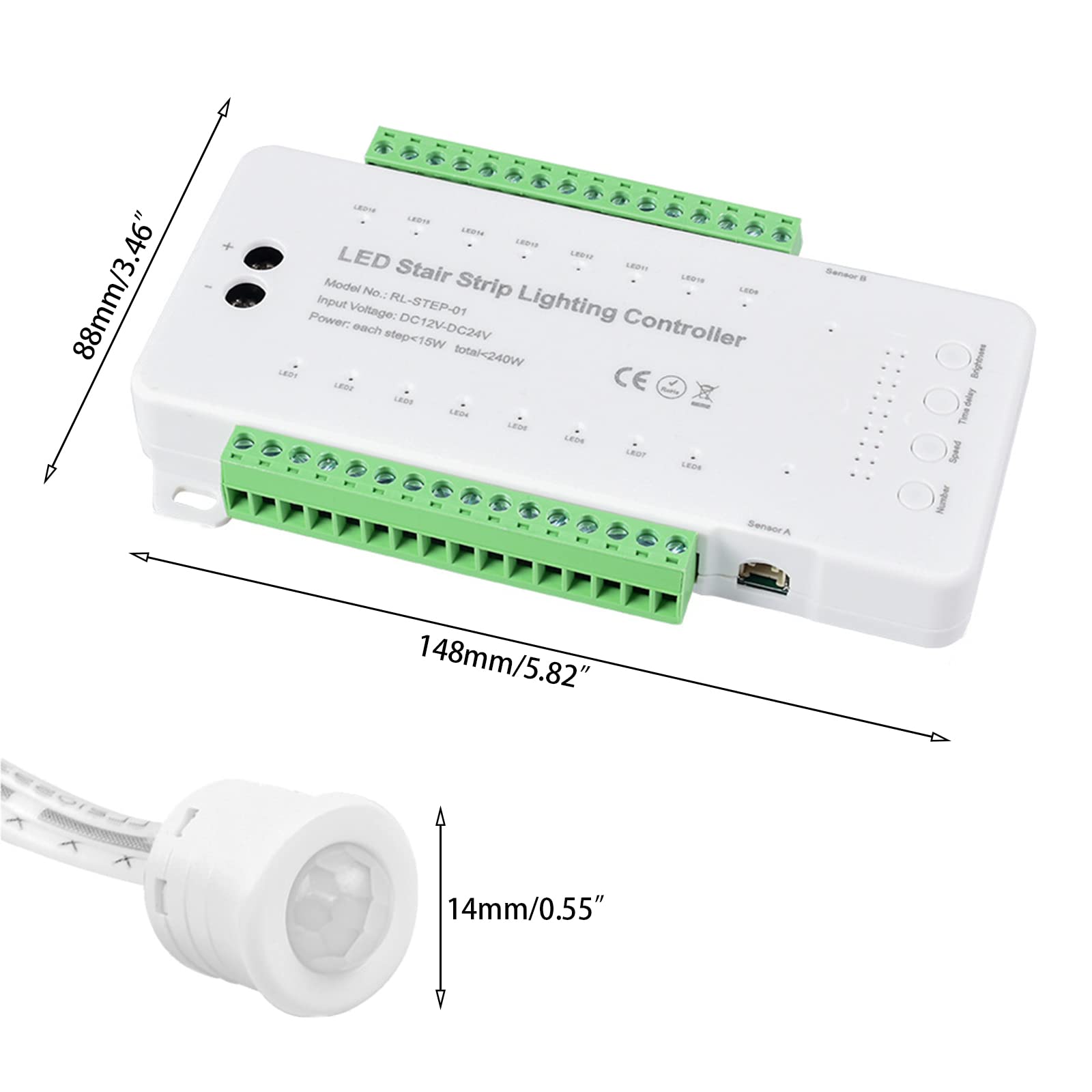 16 Channel LED Motion Sensor Stair Light Controller - Automatic Stairway Lighting System with Adjustable Speed & Brightness for Home, Office, and Commercial Spaces
