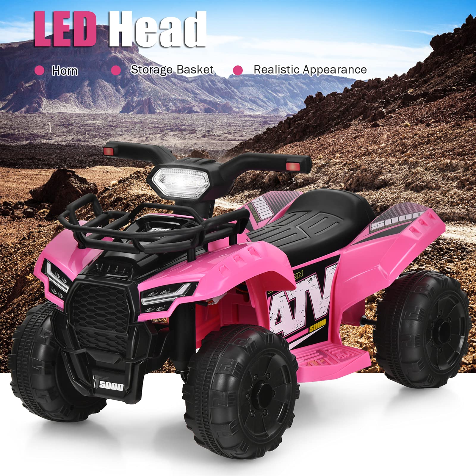 Costzon 6V Kids Electric ATV Quad with Storage Basket, Headlight, Horn & Music - Pink Ride-On Toy Car for Toddlers 18-36 Months | MP3/USB Player | Outdoor & Indoor Play for Boys & Girls