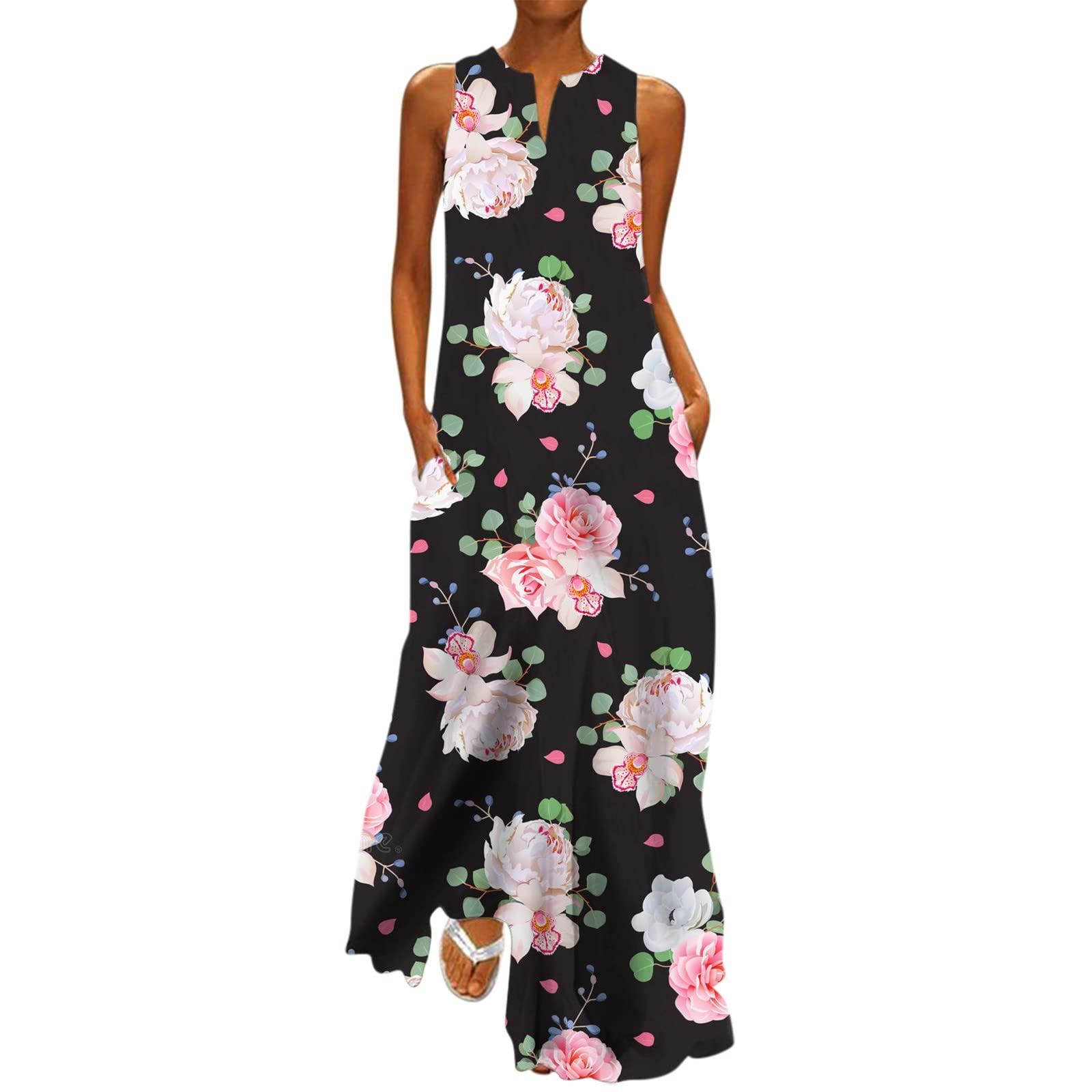Women's Summer Casual Sleeveless Floral Print Maxi Dress - Boho V-Neck Loose Beach Sundress with Pockets (Black, Medium) | Perfect for Vacations, Beach Outings & Summer Parties